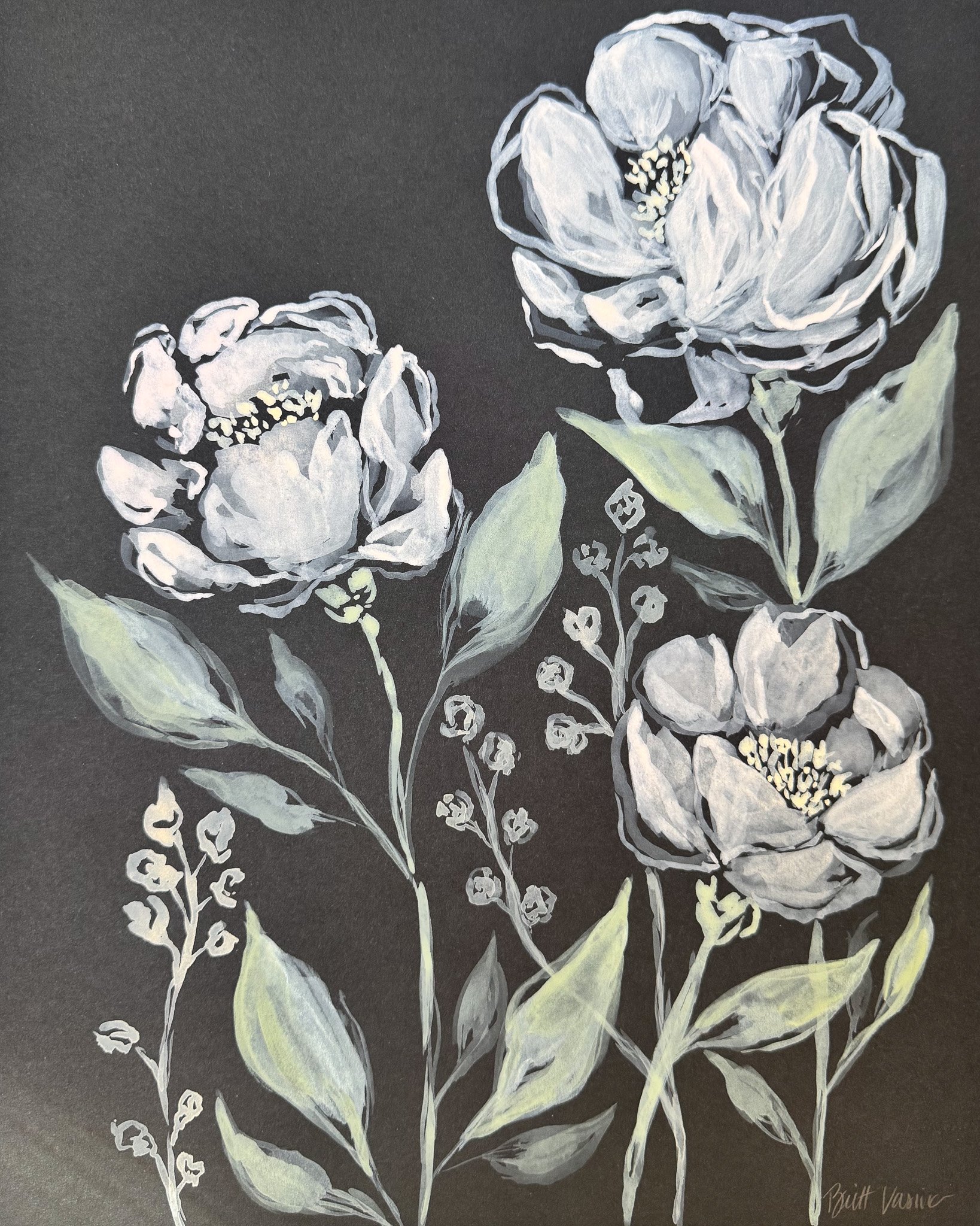 Original acrylic floral painting on black paper, Nightbloom collection