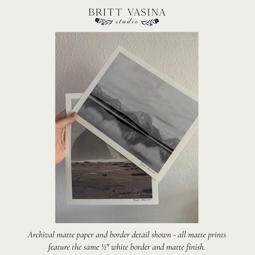 Close-up of archival matte fine art print showing half-inch white border and paper texture, Britt Vasina Studio