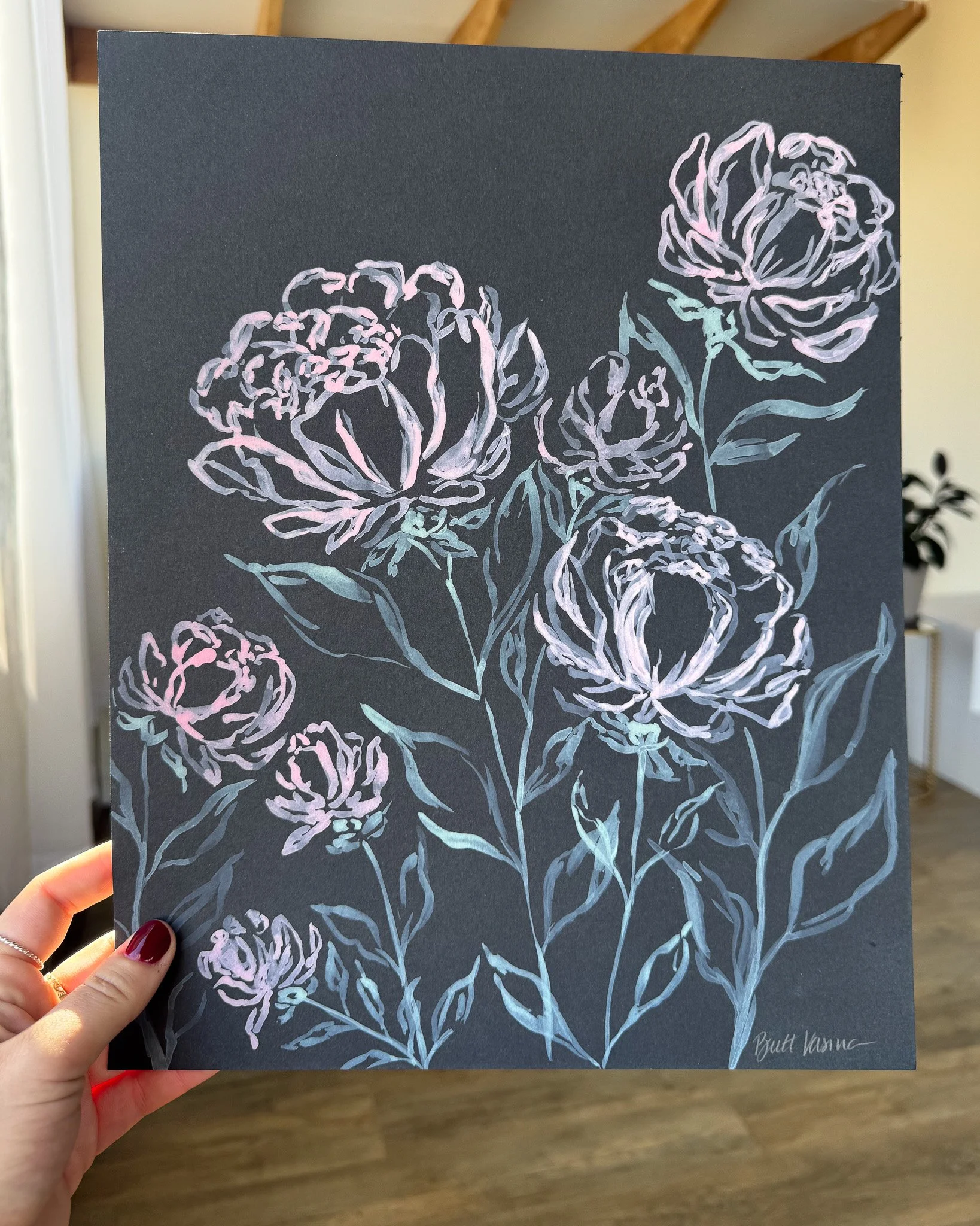 Nightbloom 5 | Original Acrylic Floral Painting on Black Paper | 11x14