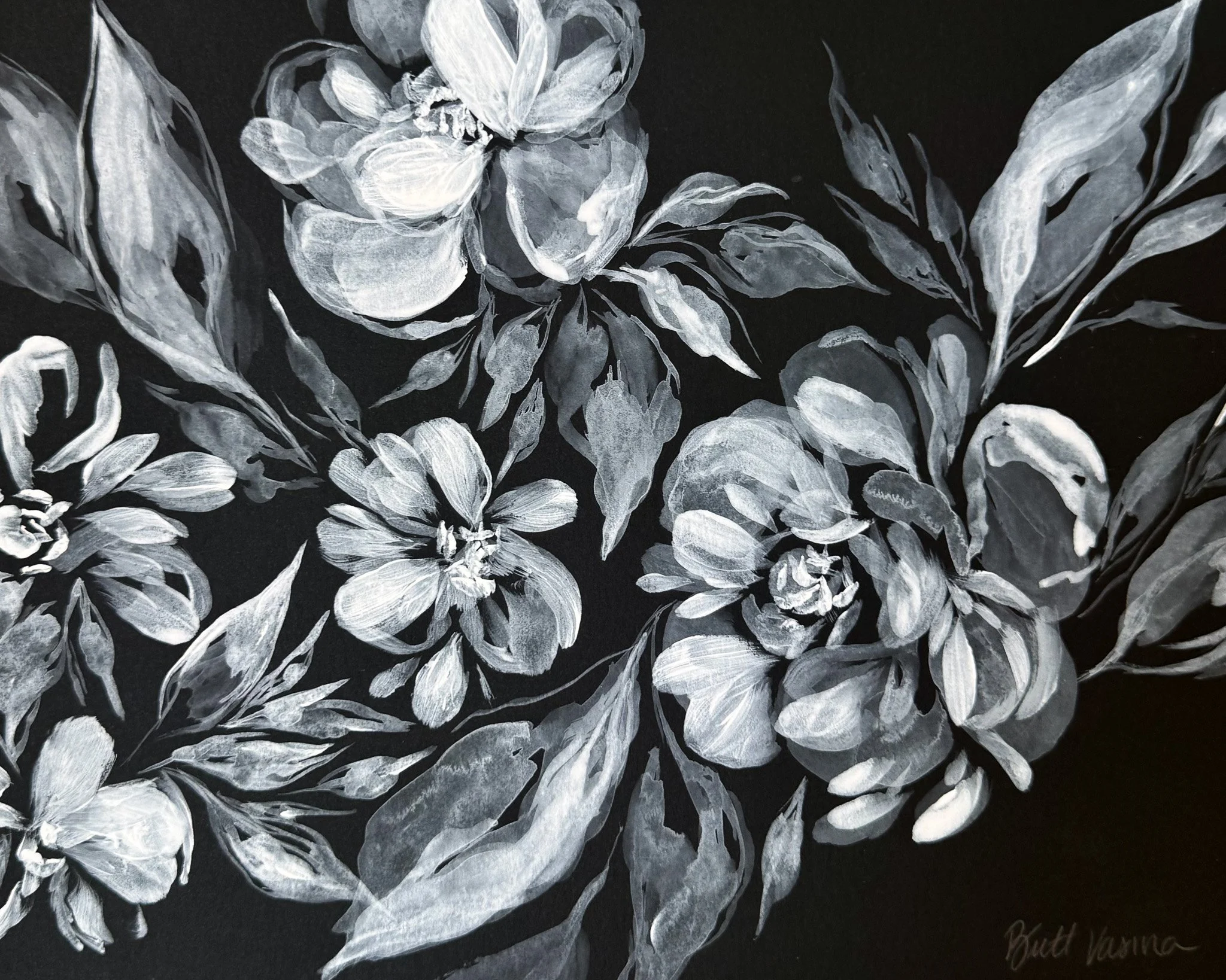Original acrylic floral painting on black paper, Nightbloom collection
