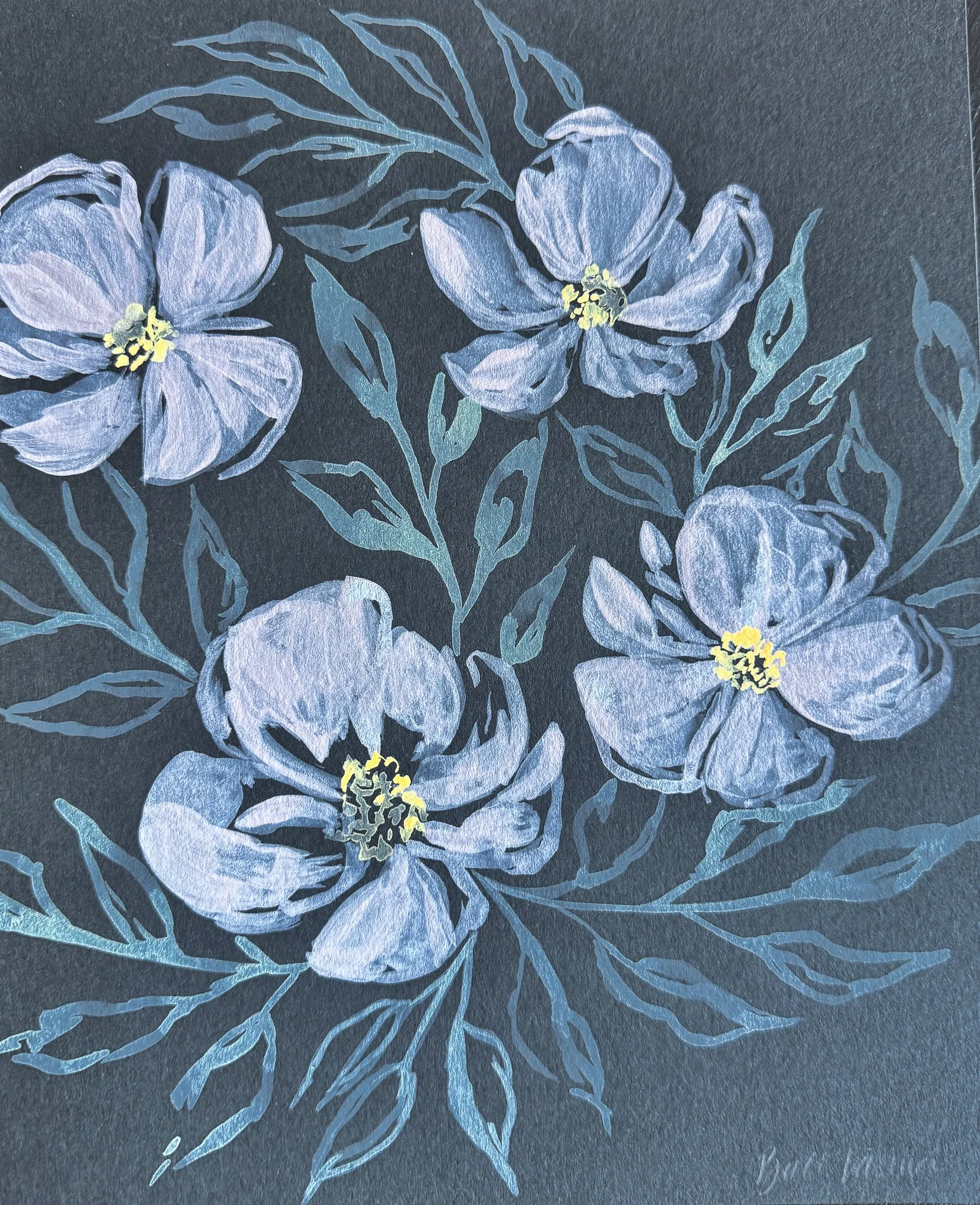 Original acrylic floral painting on black paper, Nightbloom collection