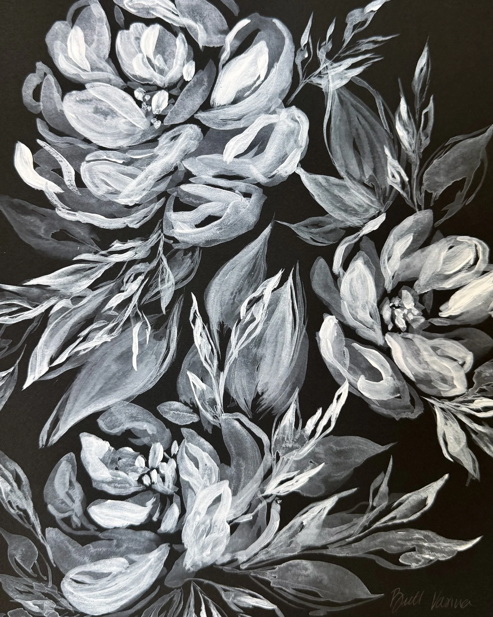 Original acrylic floral painting on black paper, Nightbloom collection