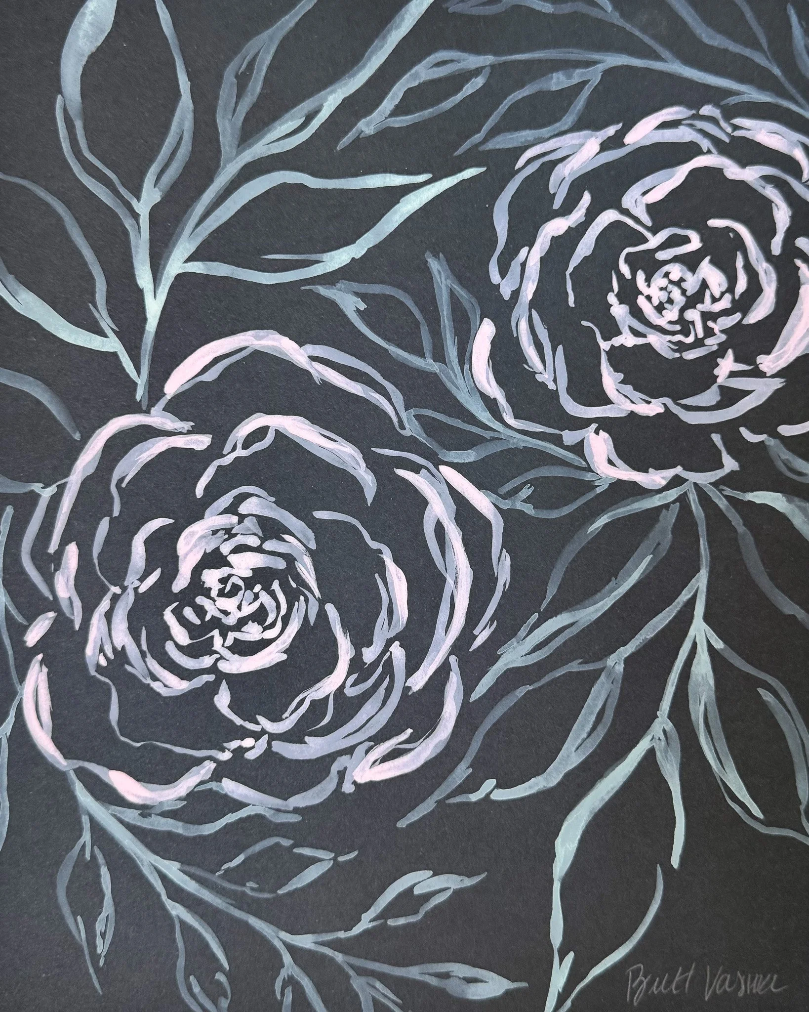 Original acrylic floral painting on black paper, Nightbloom collection