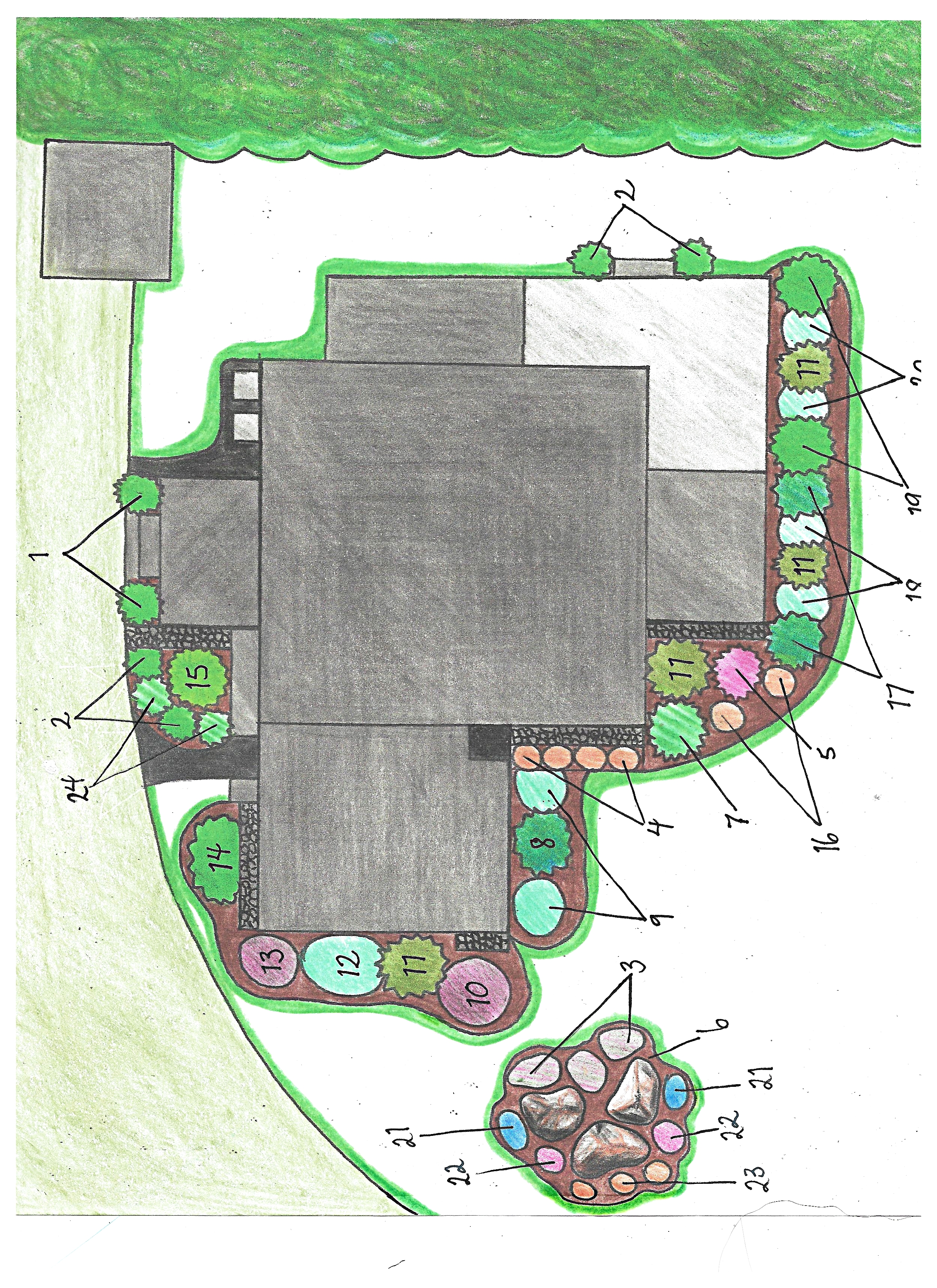 Laura's design for a minimalist shrub garden that highlights foliage through all seasons. (Laura Besaw, 2017)
