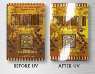 The difference between a basic printed coffee label, and one that was UV flood coated with the Elite 10!