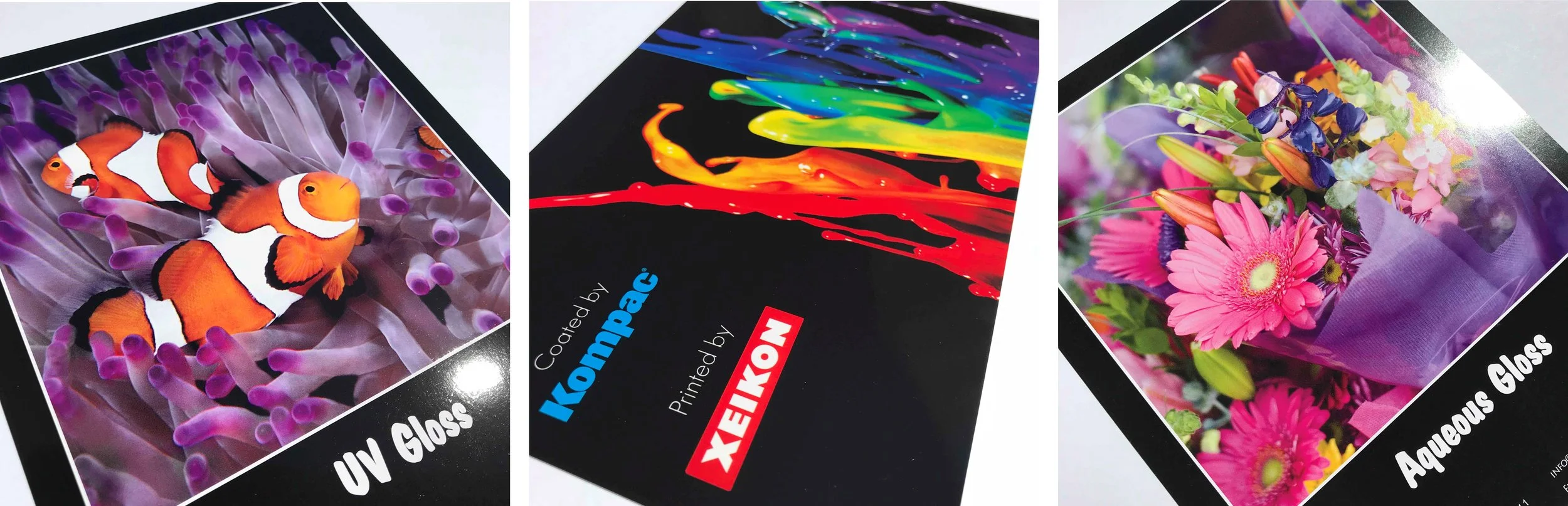 Pictured Left to Right: UV gloss flood coating, sample printed by Xeikon and UV high gloss flood coating by Kompac, aqueous gloss flood coating