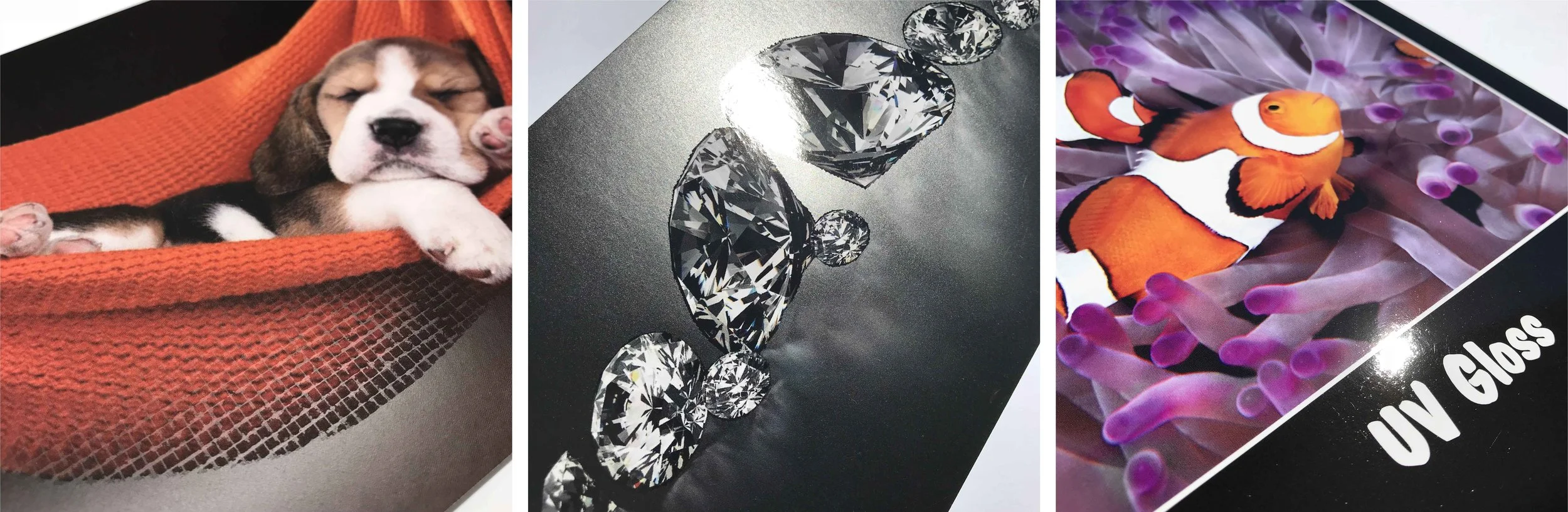 Pictured Left to Right: Soft touch textured coating, Spot UV Gloss on an HP Indigo Print, and UV Gloss Flood Coating