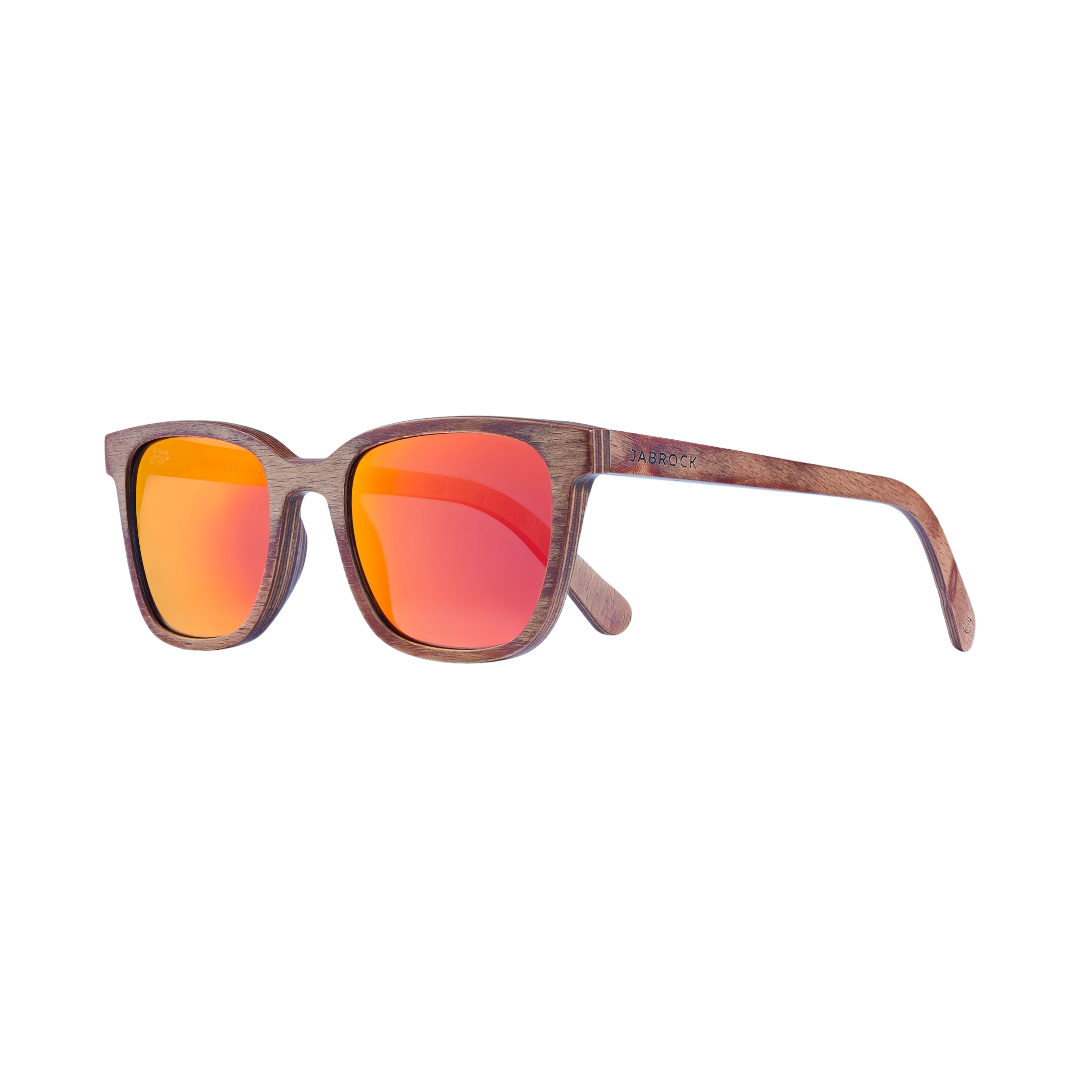 Side view of Jabrock Smile dusk red luxury sunglasses. Wooden sunglasses fitted with red reflective polarised lenses against a white background