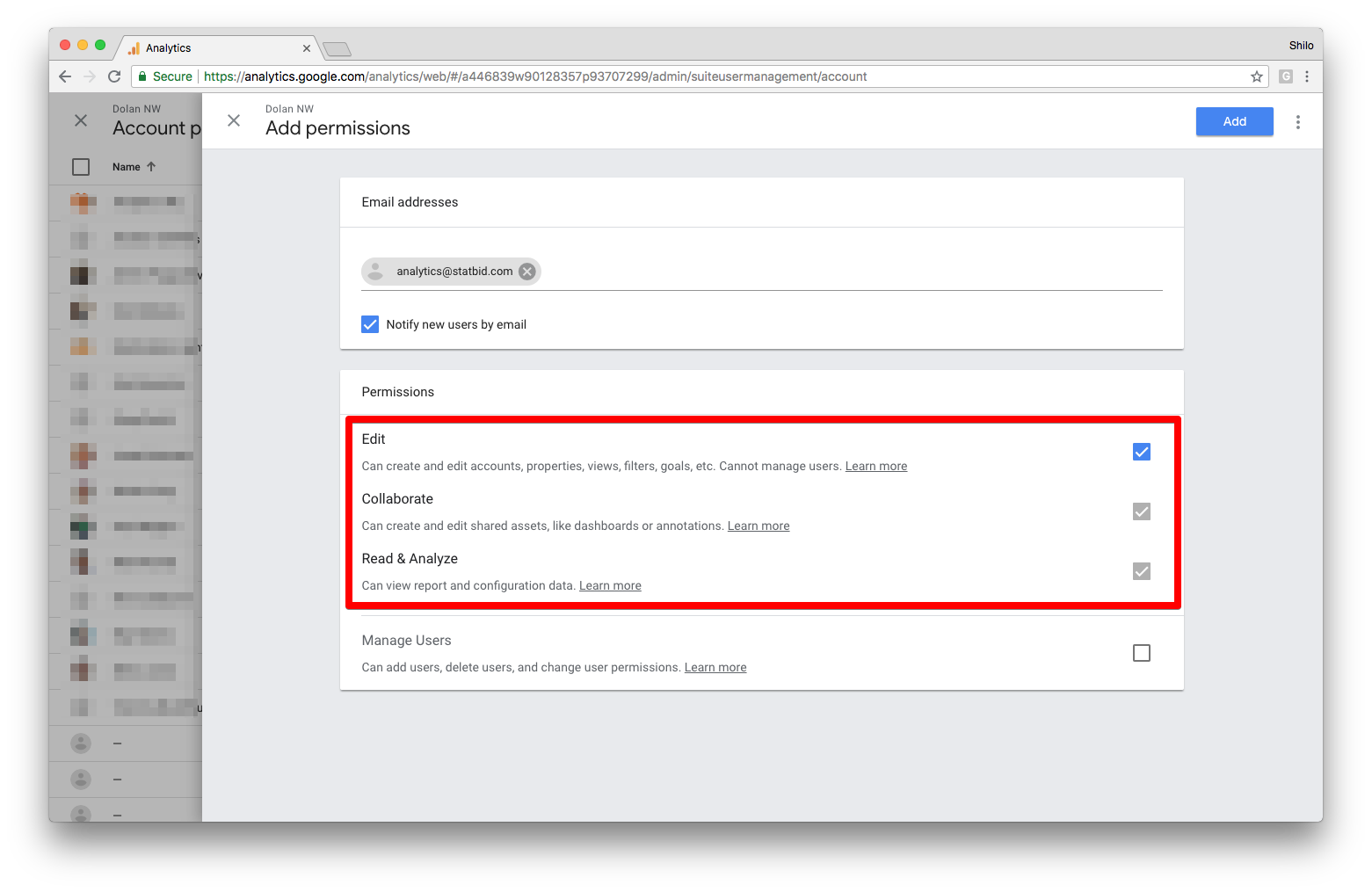 4) Select Notify new users by email to send a message to the user. 5) Select Edit permissions. 6) Click Add .