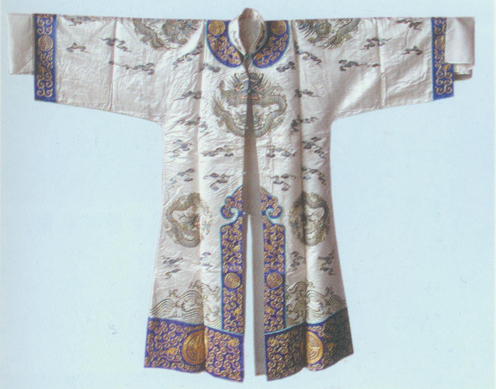 Longtao yi Theatrical costume worn by attendants (longtao). It has symmetrical opening with long collar band,top sleeves and water sleeves. And the fungus-shaped arabesque finishes the top of the center back slit, with undulant borders. Besides, the neckline, cuffs, edges of the opening in the front and back slit are all hemmed with colorful bands with motifs of acient coins, flowers, dragons and geometrical patterns. Several dragons are embroidered on the sleeves, front and back piece along with clouds and sea waves. Longtao usually come in groups of four as the guards. They process on stage carrying banners at the battle scene to present a strong army. the color is selected to match or harmonize with the principle roles they serve. The Red robe is called "hong longtao", white called "bai longtao".