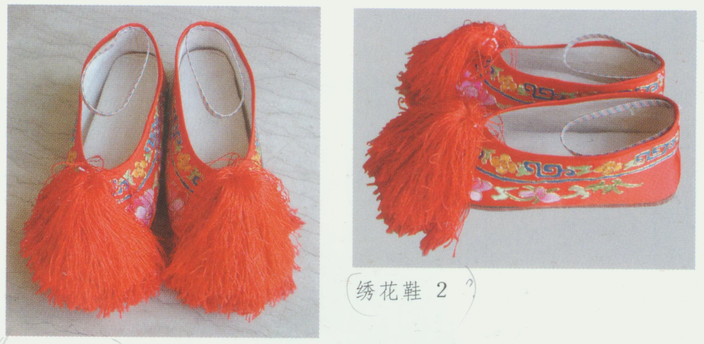 Caixie embroidered flat slippers for women in red, pink, cerulean blue and mint green。The toecap is attached with calabash-shaped tassels with leather or cloth soles.