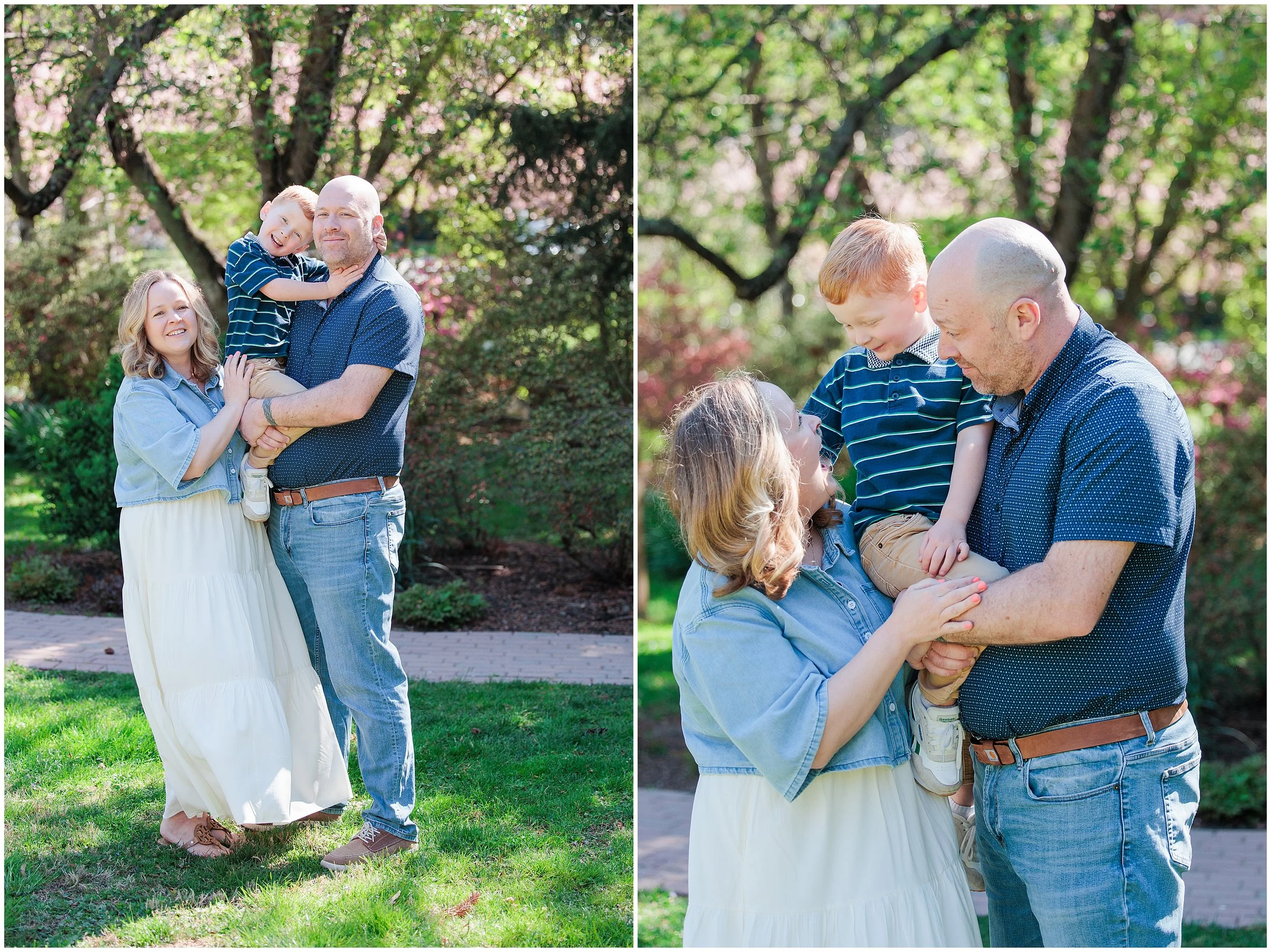 family of three holding young son and laughing together during spring session in Maryland