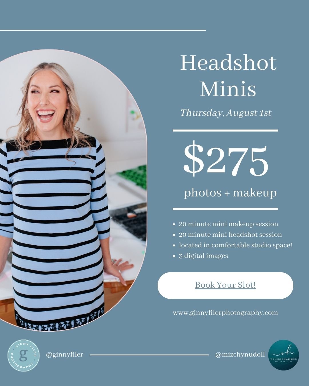 I'm excited to announce studio headshot mini sessions on Thursday, August 1st!  Get a mini makeup session with @mizchynuhdoll and some gorgeous (climate controlled!) headshots! #linkinbio to sign up!

#ginnyfilerphotography #dmvheadshots #miniheadsho