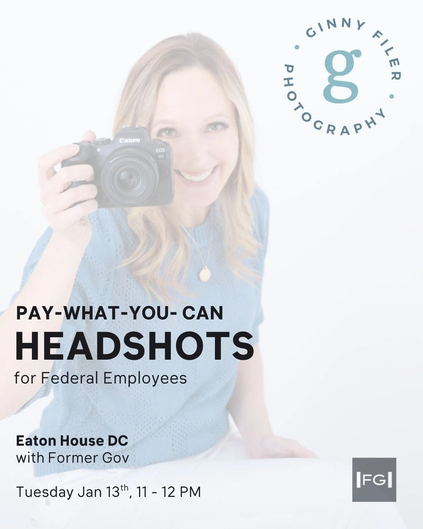 Federal workers. I&rsquo;m back again next week. 

Next Tuesday, January 13th from 11&ndash;12 PM, I&rsquo;ll be at Eaton House DC during Former Gov&rsquo;s weekly co-working event offering pay-what-you-can headshots.

This is for anyone who needs a 