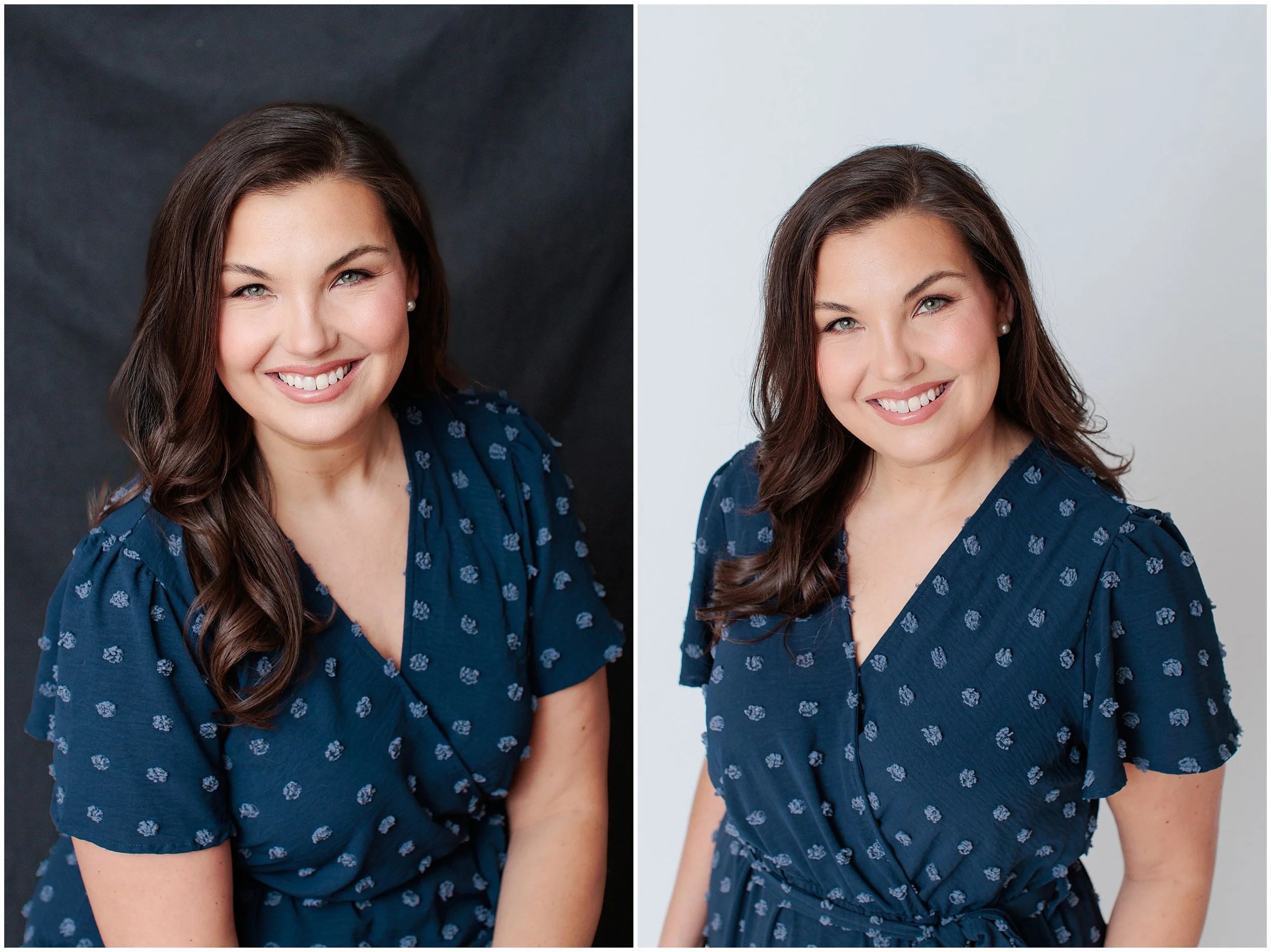 woman with dark hair smiling for headshot in studio