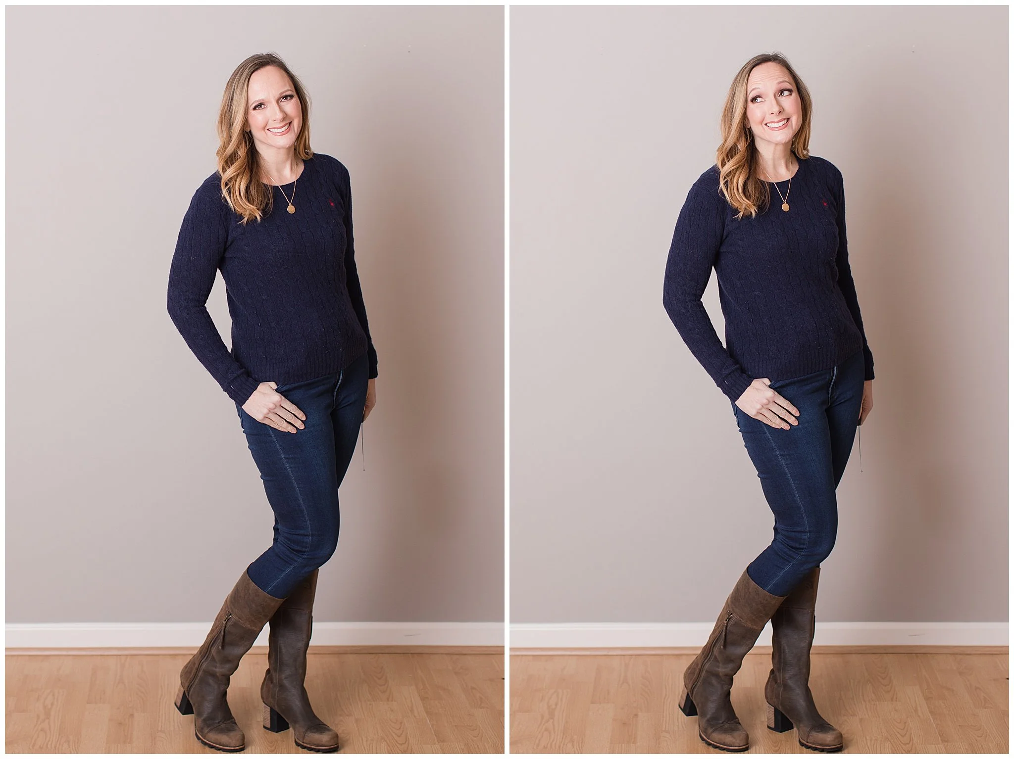 Woman using a hand-in-pocket pose for a relaxed professional portrait