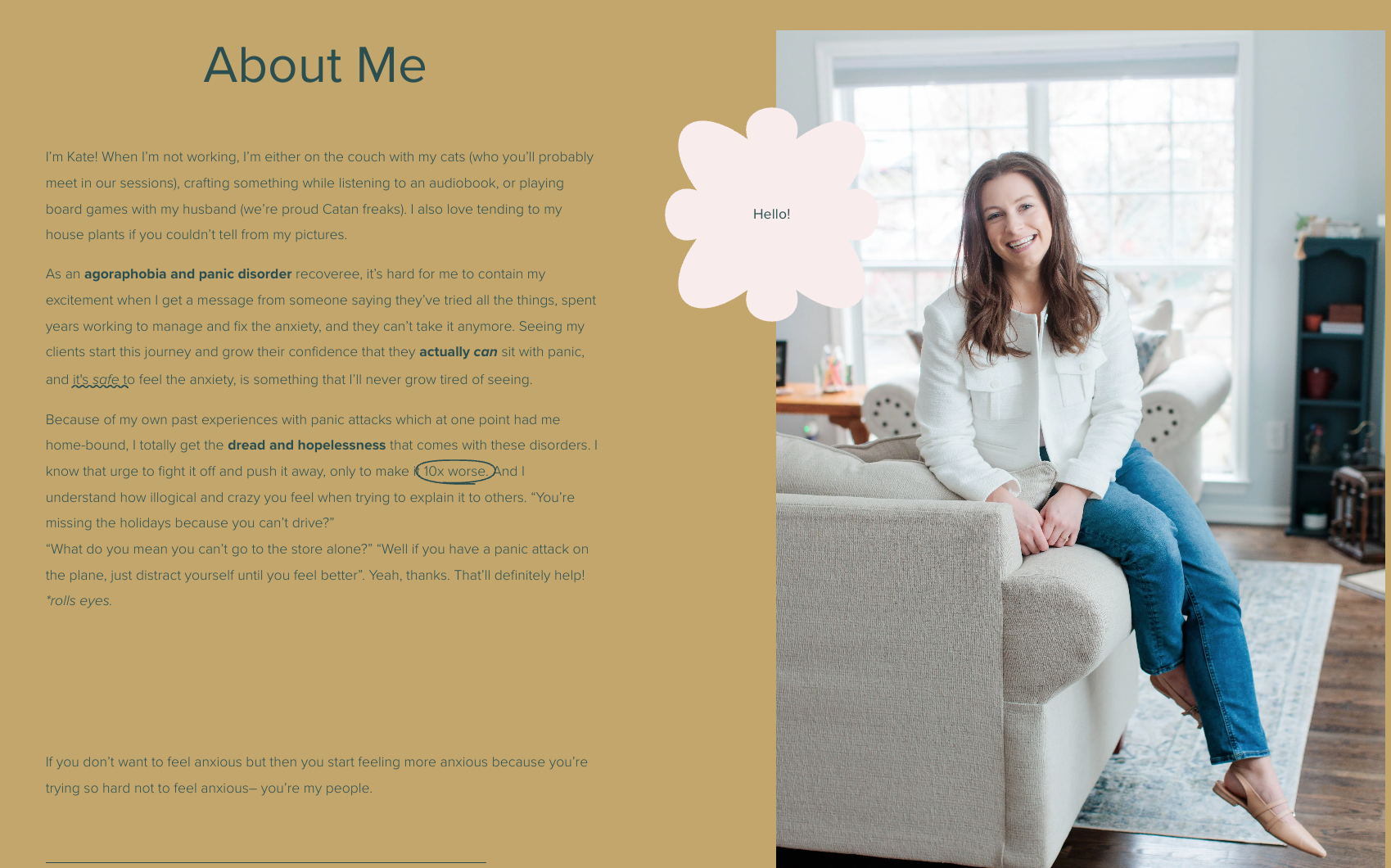 screen shot of landing page of professional therapist and her branding image
