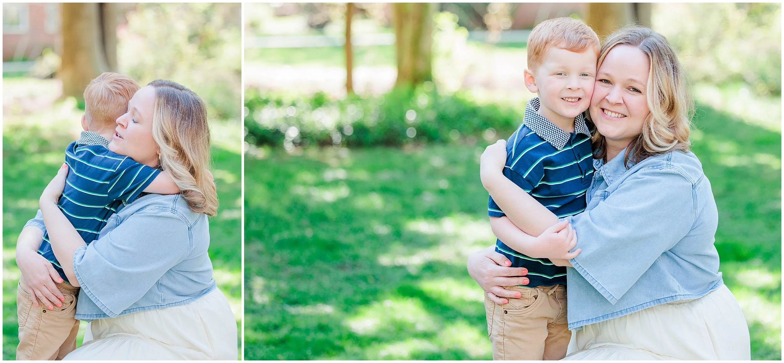mother hugging young son during candid outdoor spring family photo session in Maryland