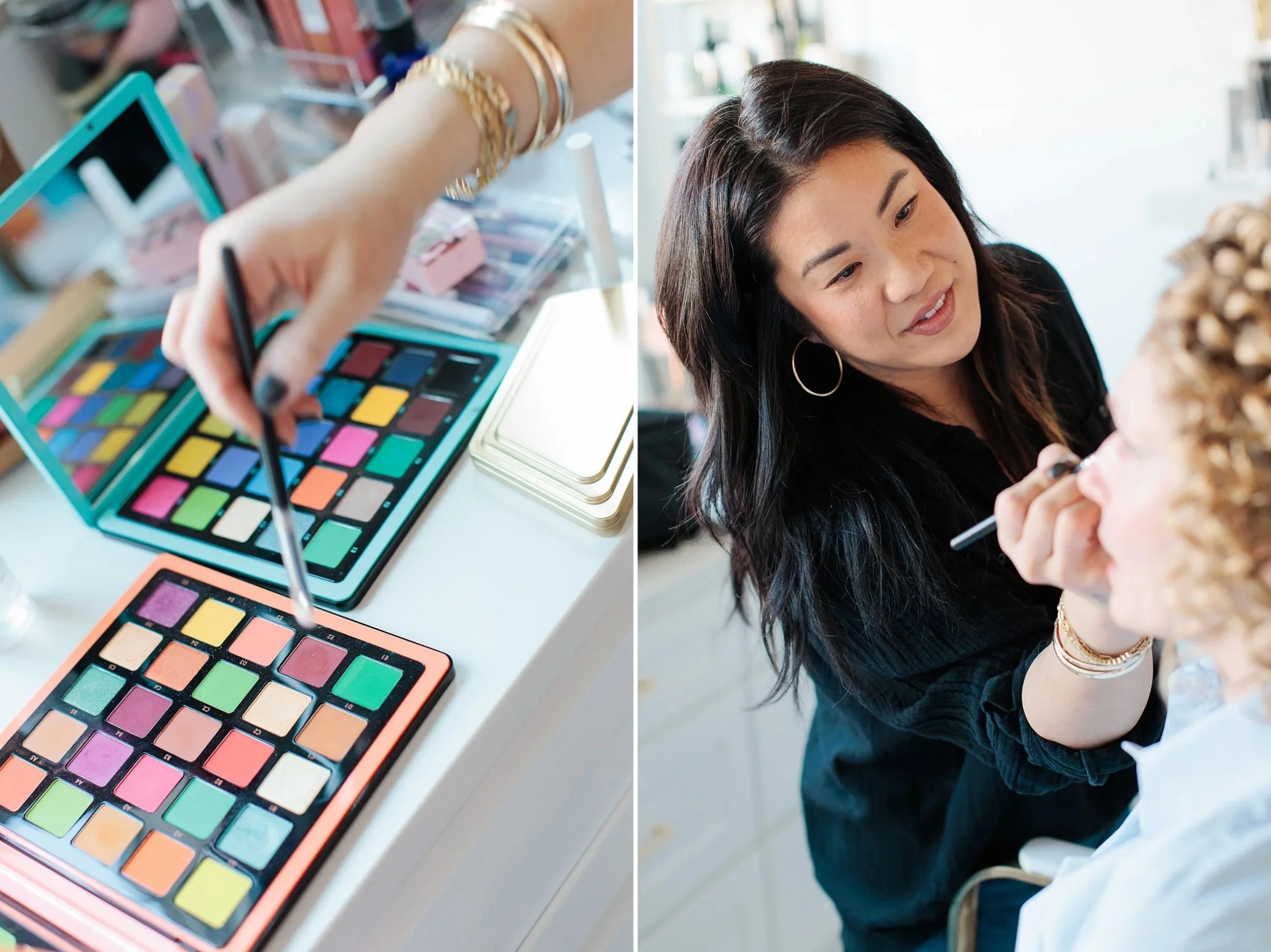 Close-up of a colorful eyeshadow palette with multiple shades and a person's hand reaching for a shade, and a woman with dark hair and hoop earrings looking at a small object or decor on a table.