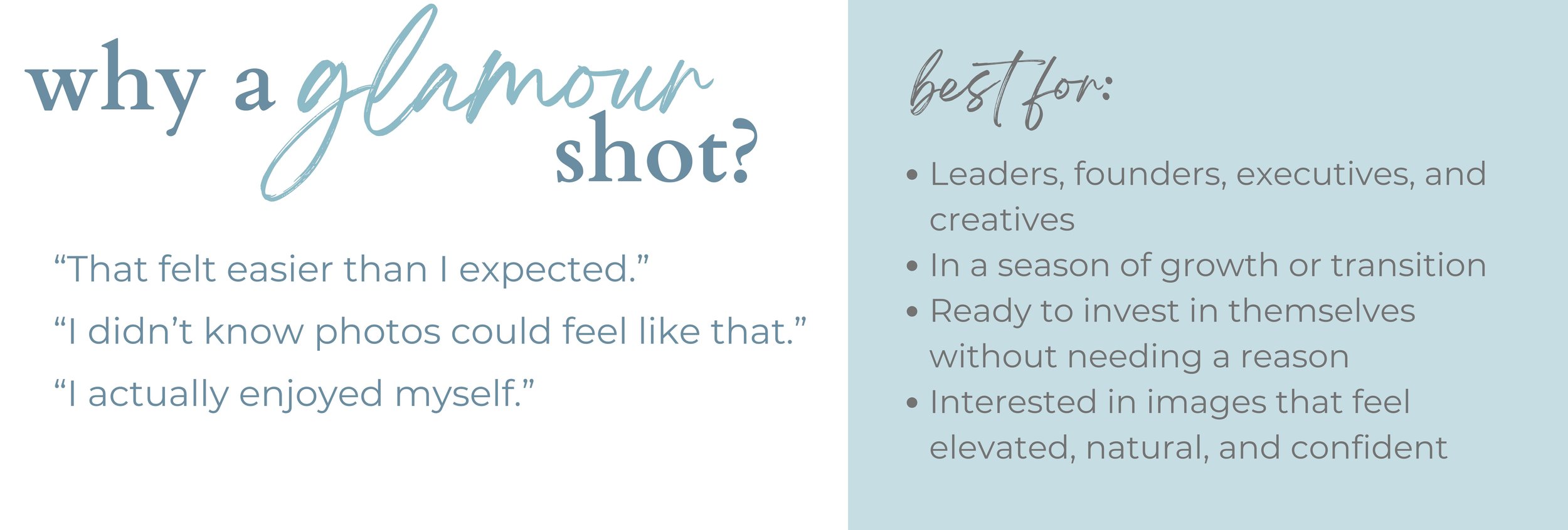 text image explaining that glamour shoots are for Leaders, founders, executives, and creatives
