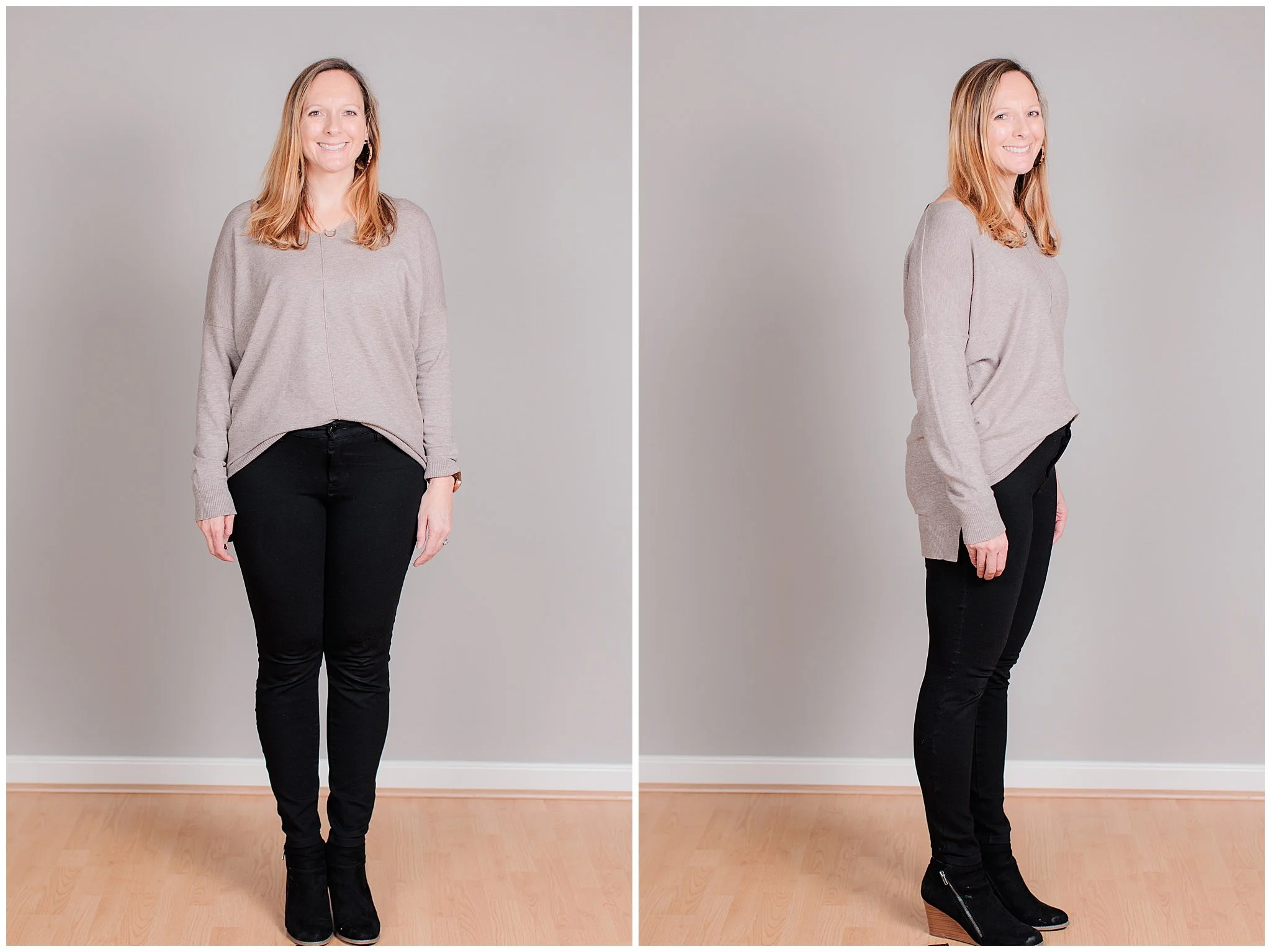 Woman demonstrating how to pose for photos by turning slightly away from the camera