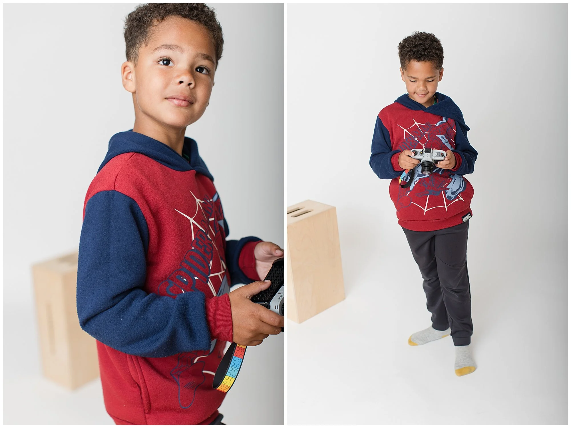 Six-year-old boy laughing during studio personality portrait