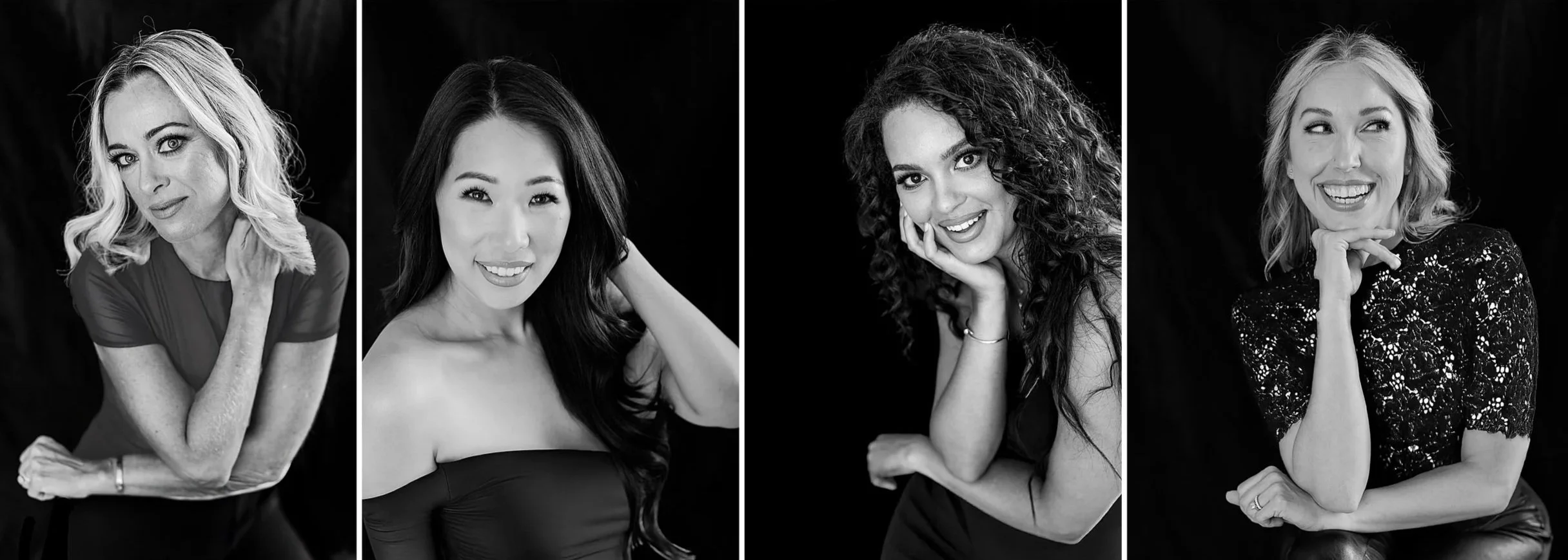 Four black-and-white headshot portraits of women against a dark background. The women have different hairstyles and expressions, smiling or looking thoughtfully into the camera.