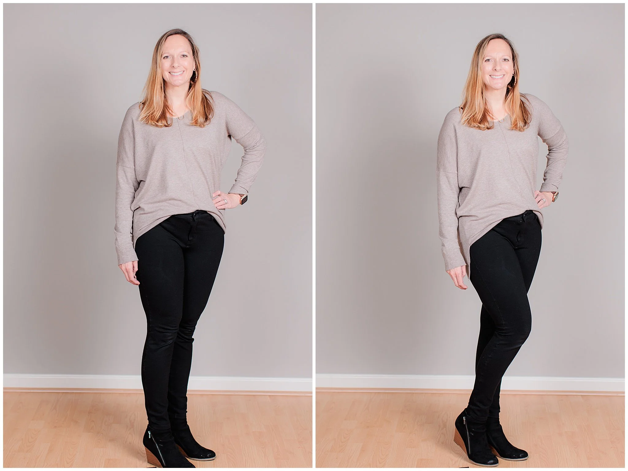 Before and after example showing how a weight shift changes a portrait pose