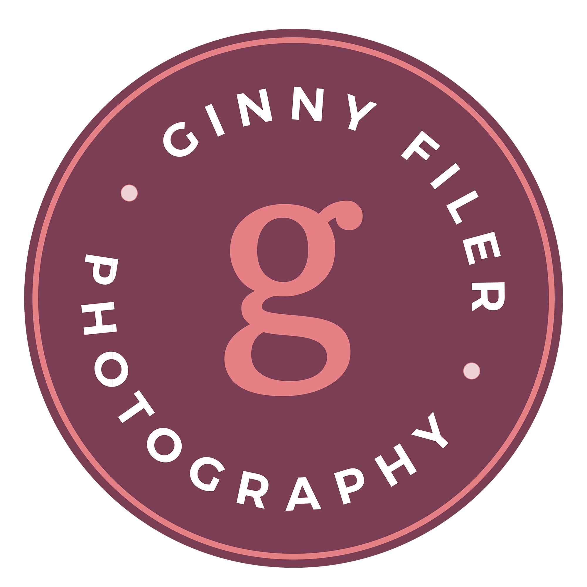 Close-up of a circular logo with purple background, featuring white text around the edge that reads 'GINNY FILE' and other letters, with a pink swirl design in the center.