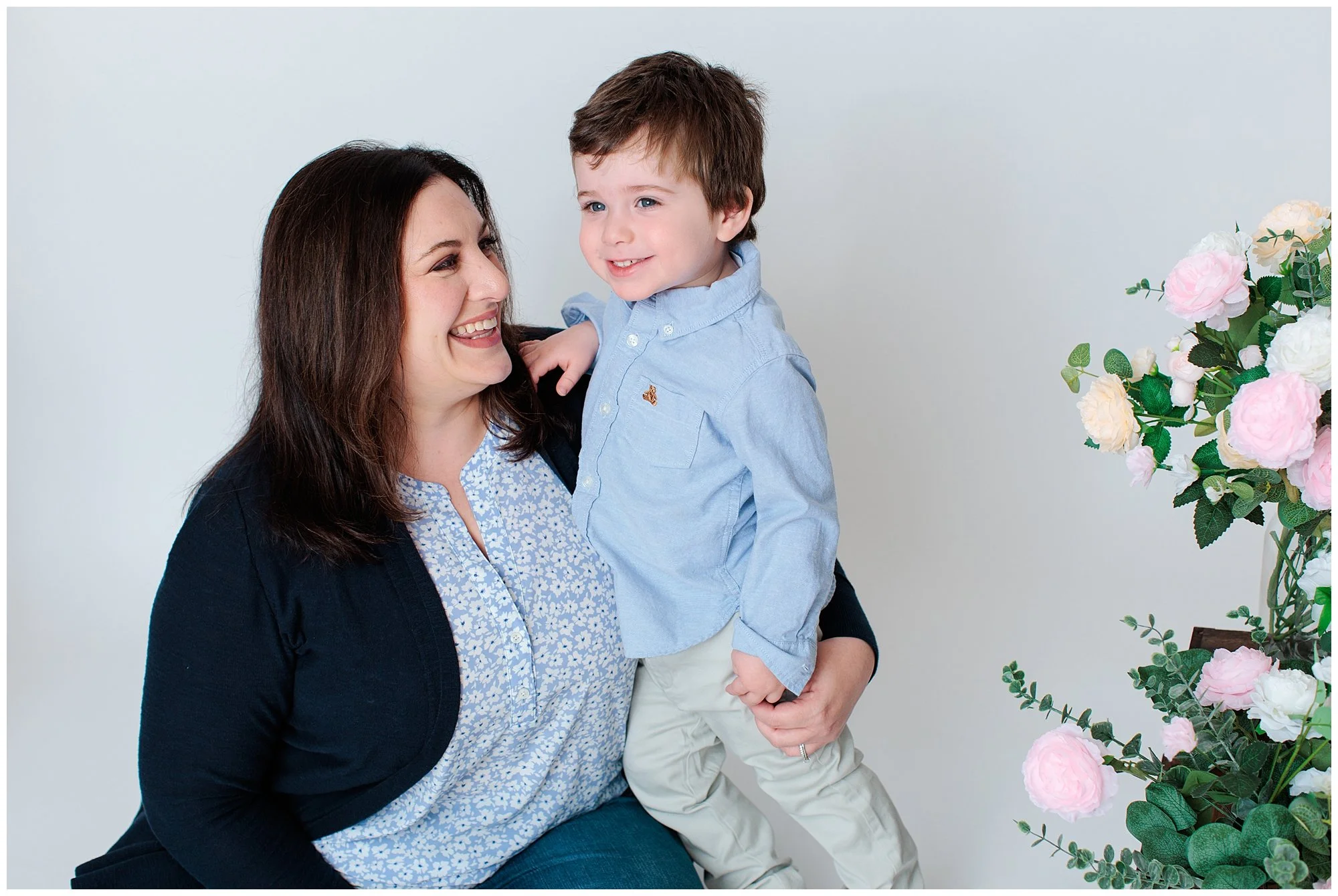 mom and toddler son in sliver spring studio for photo shoot together