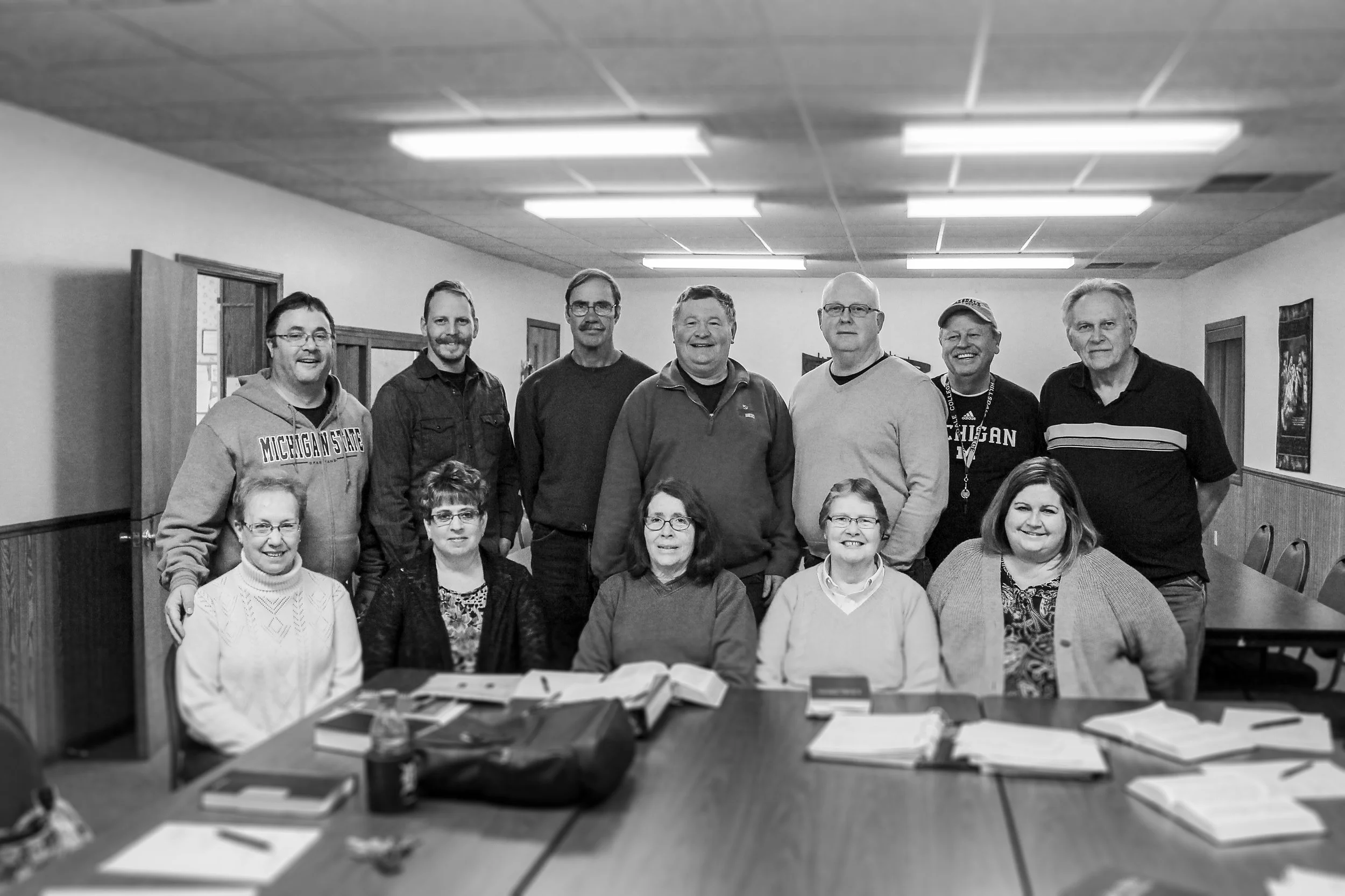 Back row, left to right: Brad Parrish (Pastor), David Hoeflinger (Worship & Youth Pastor), Mark Hemker, Craig Gary (Vice Moderator), Rex Hilton, Paul Seegert (Moderator), Dennis Smith. Front row, left to right: Shirley Brand, Cynthia Moore, Barb Shaw, Valerie Morris, Linda Albright (Secretary). Not pictured: Lisa Myers.
