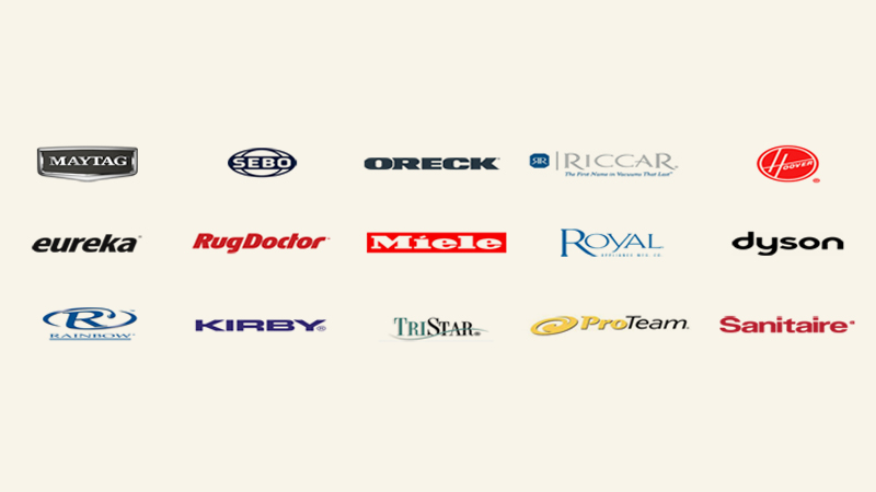 Vacuum Cleaner Brands Everett Vacuum Works With: Maytag logo, Sebo logo, Oreck logo, Riccar logo, Hoover logo, Eureka logo, RugDoctor logo, Miele logo, Royal logo, Dyson logo, Kirby logo, TriStar logo, ProTeam logo, Sanitaire logo