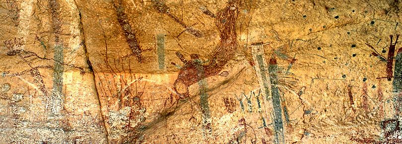 The White Shaman Panel found in the canyonlands near the confluence of the Pecos and Rio Grande Rivers. Photo courtesy of the Witte Museum.