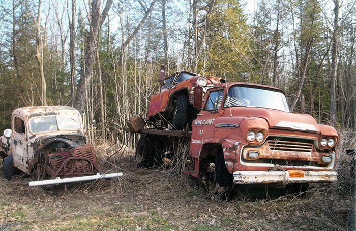   This photo highlights two vintage trucks that we don’t see every day. On the left is a 1946 Dodge and on the right is a 1959 Chevrolet C-50 flatbed.  
