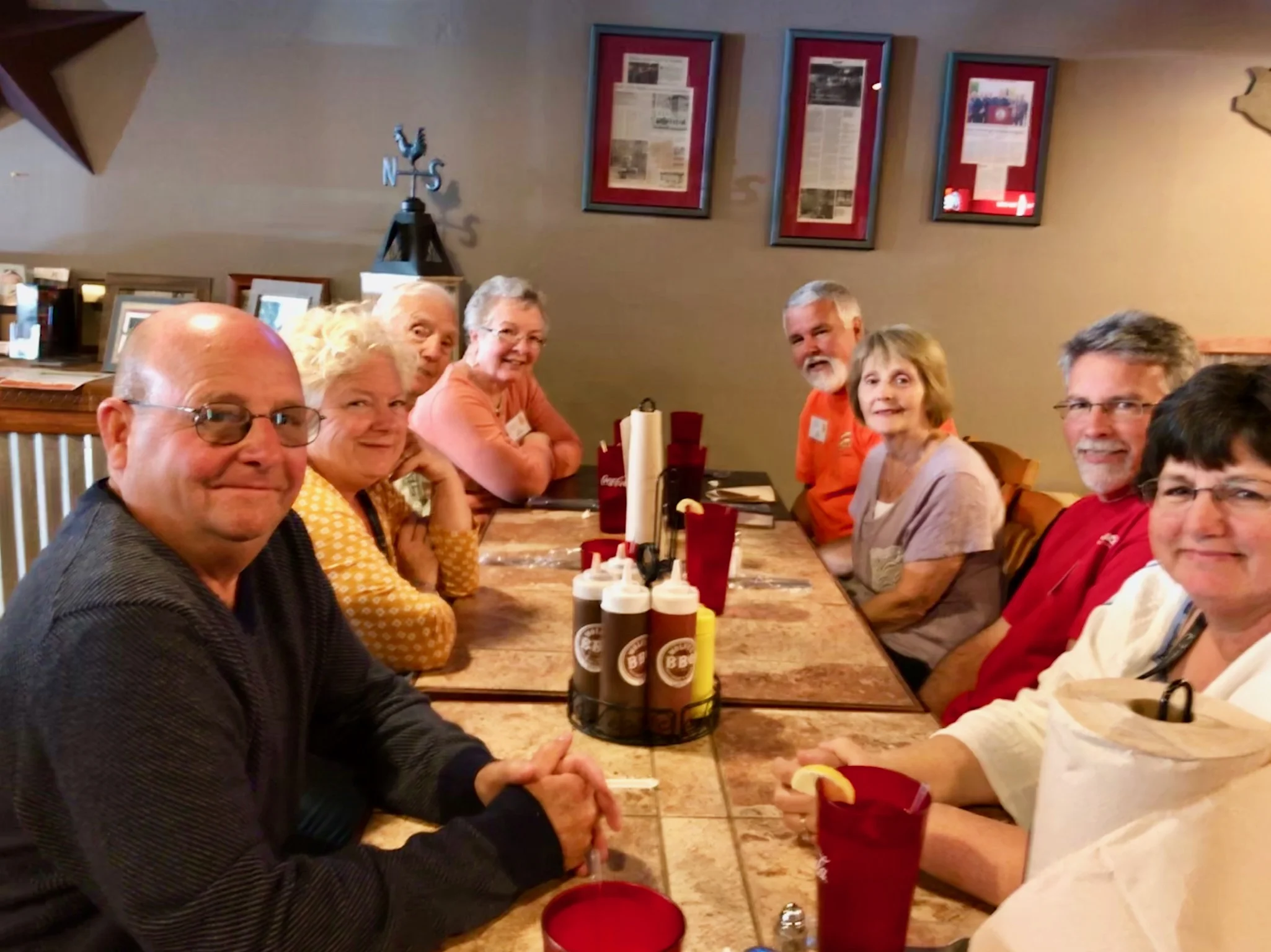 Lunch at Wolfe’s BBQ in Marion, VA. Clockwise from left: Tom Hickle, Tena Hough, Bob Horneck, Lana Horneck, Tim Beard, Cindy Beard, Lee Hough, Tammy Hickle.
