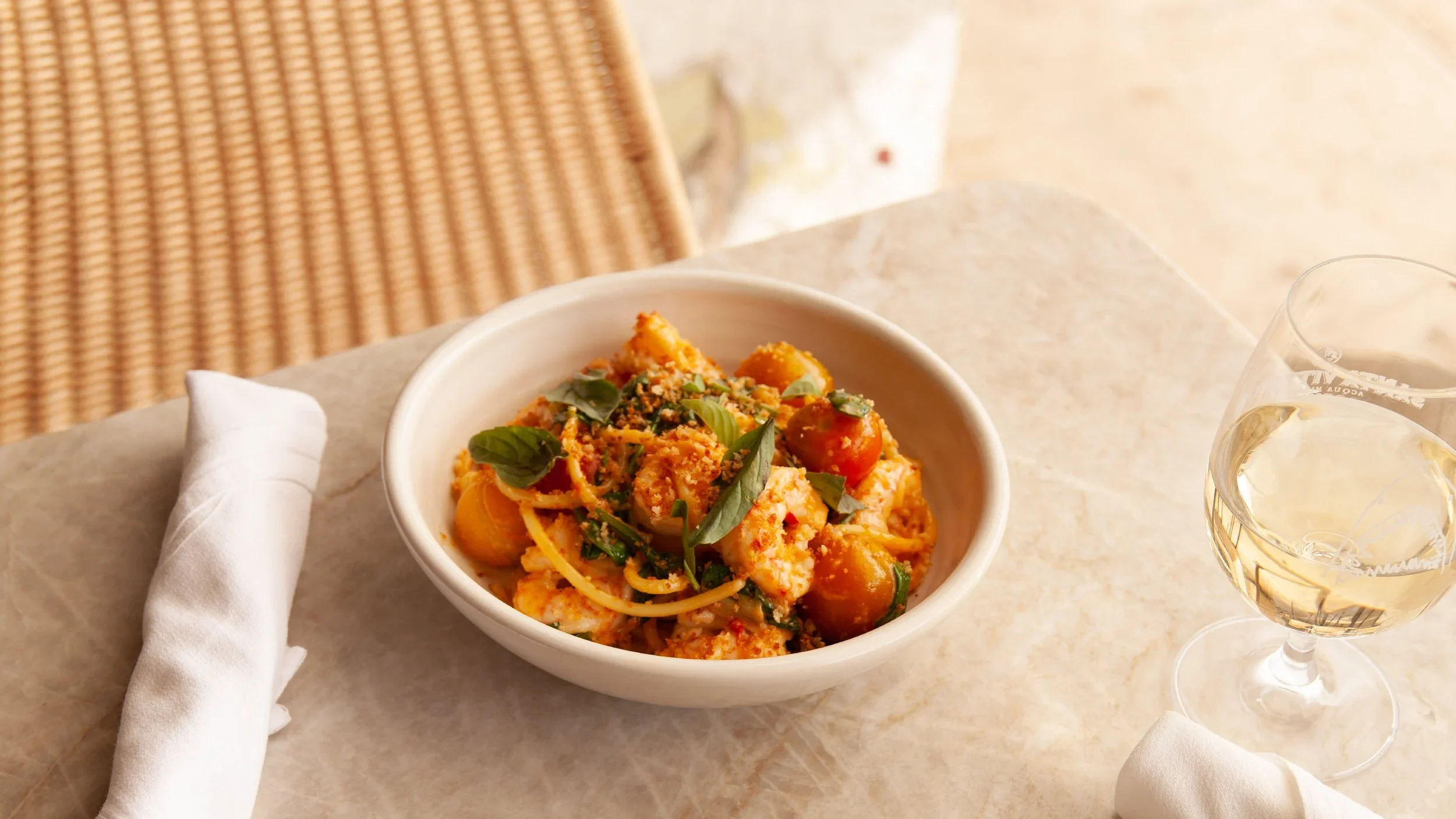 A lunch favorite: The Chili Prawn Linguine with fresh herbs and pangrattato, served daily at Great White Restaurant Larchmont Village.
