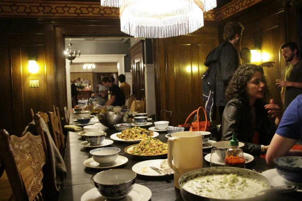 Communal meal laid out at the Embassy Network, San Francisco