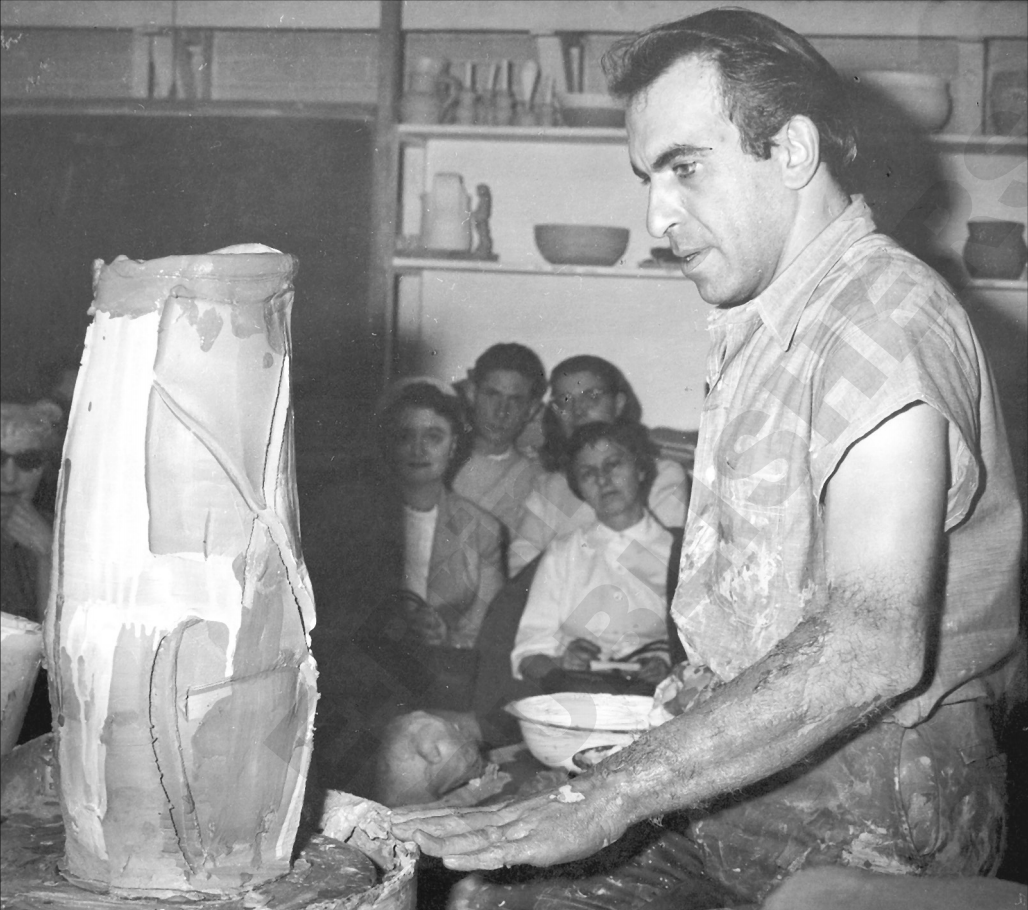 Peter Voulkos giving a demonstration at Greenwich House Pottery in 1962. (Greenwich House Pottery Archives)