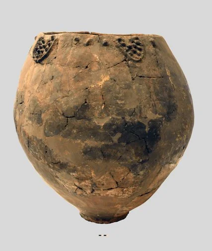 A Neolithic jar found at the site of Khramis-Didi-Gora in Georgia, on display at the Georgian National Museum. Photograph by Mindia Jalabadze/Georgian National Museum.