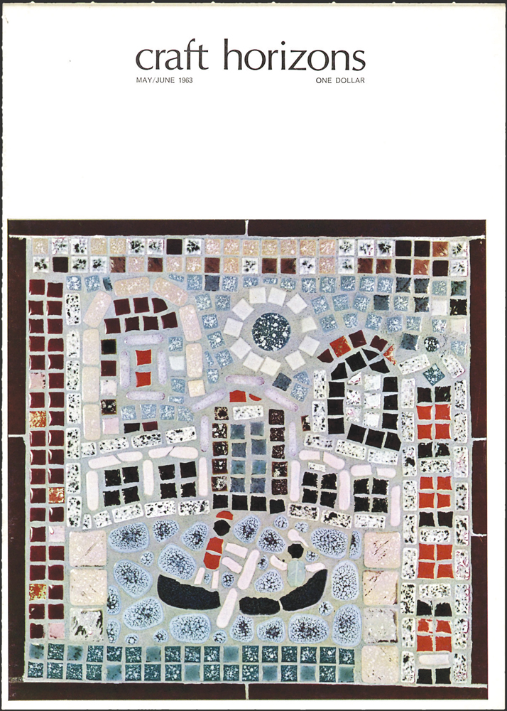  Omero Fromboluti, Untitled, c. 1963, ceramic tile, glass tile, white mastic, 12 x 12 in., Craft Horizons, May/June 1963, Volume 23, Number 3 