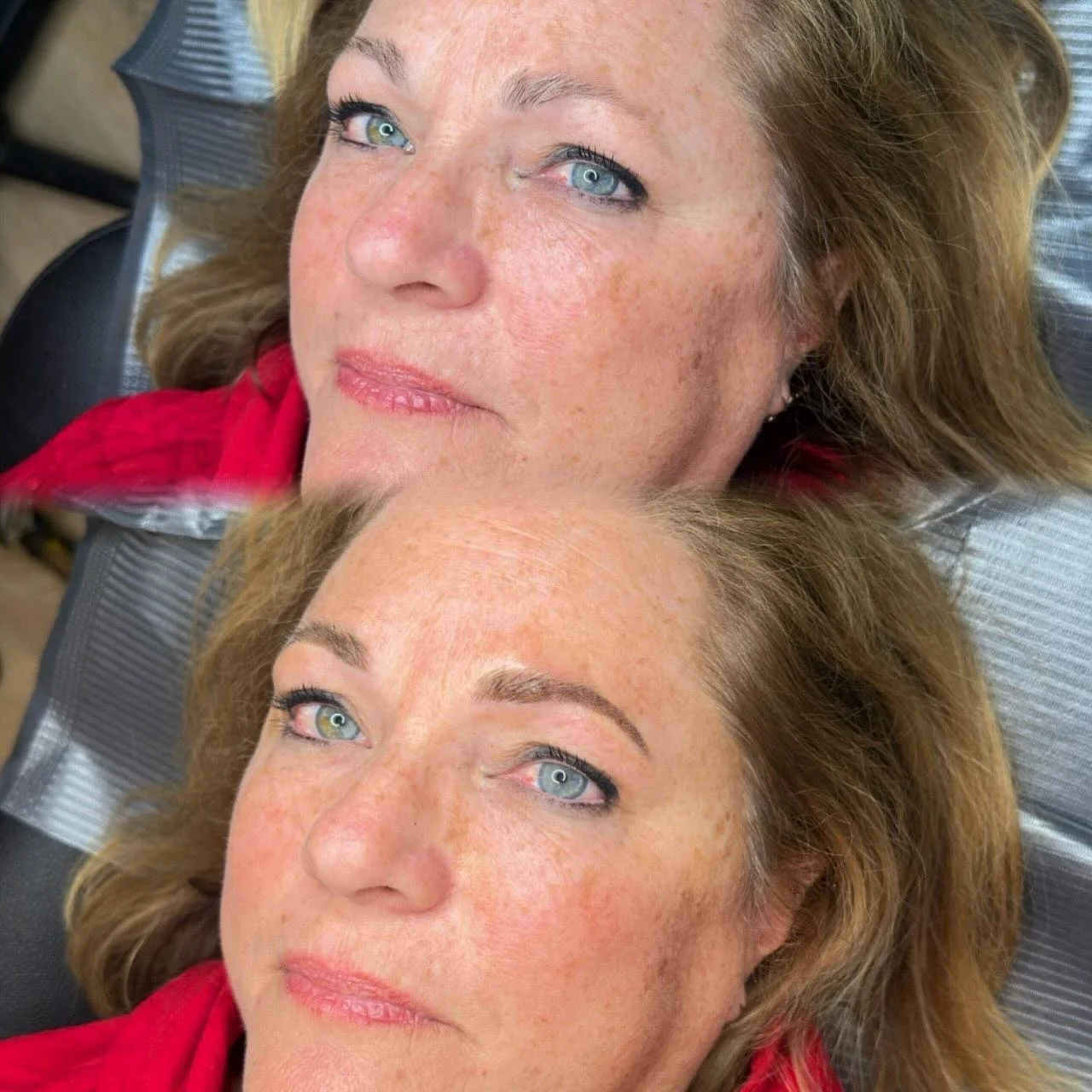 Shape corrected her brows. The bulk of her brow hair lied in the front of her brows. We tweezed a few hairs in the front and added permanent make up through the body and the tails to balance them out.