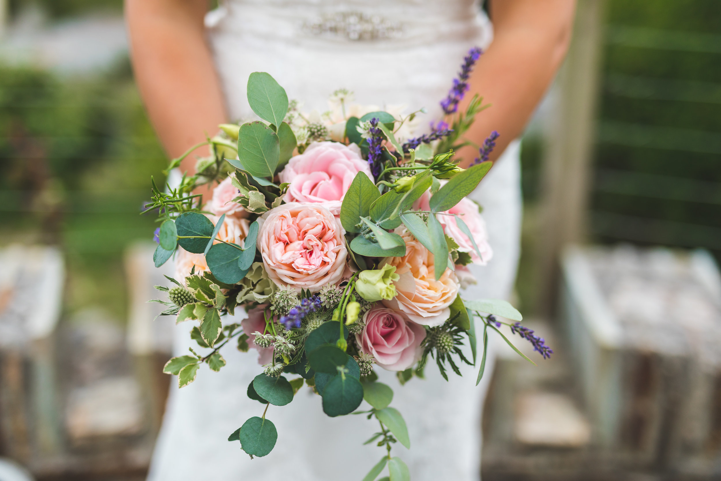 Soft pink rose and eucalyptus wedding bouquet