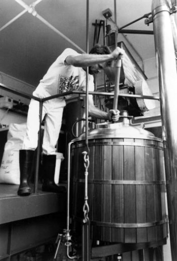 First brewer, Jason Parker, at the mash tun.