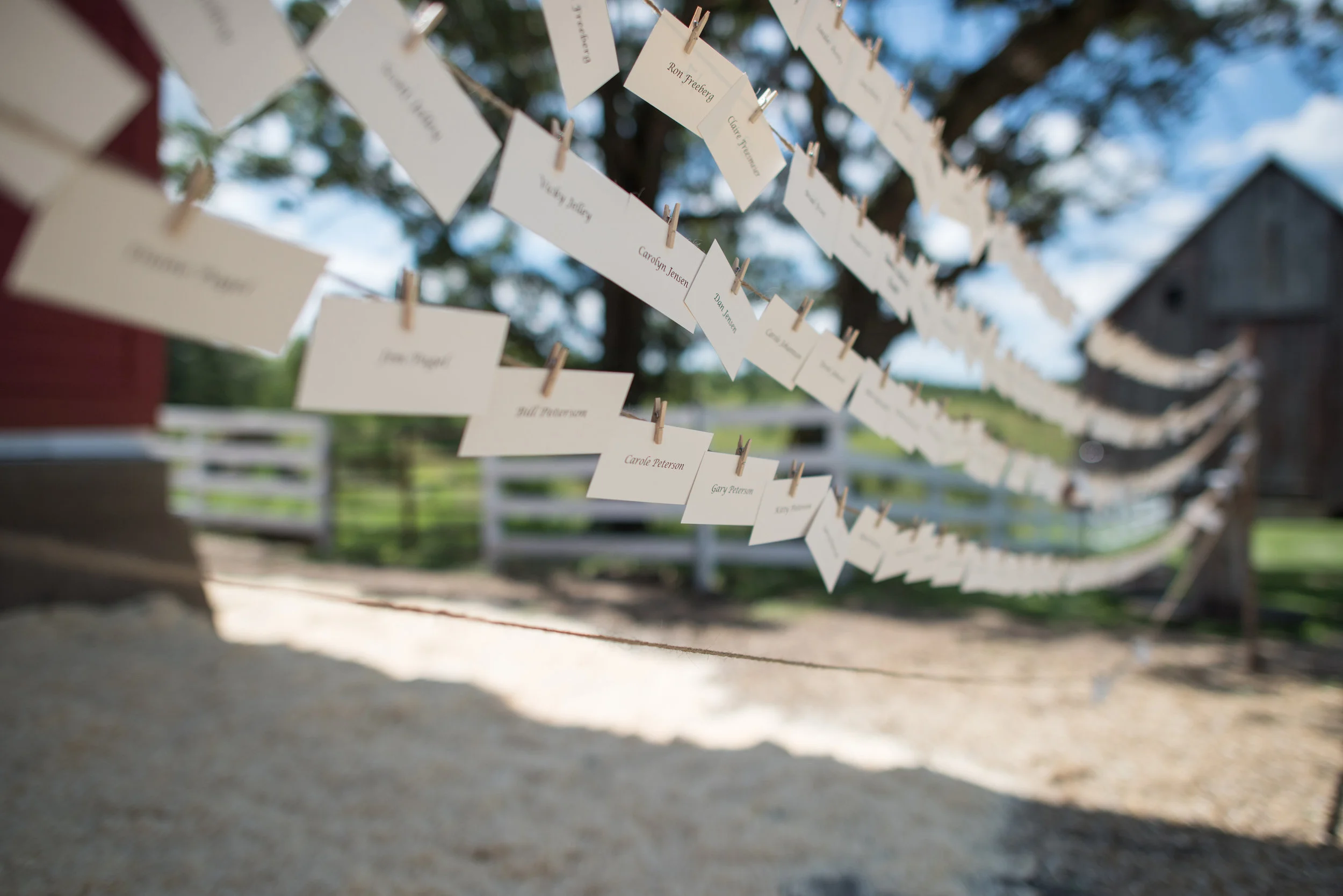Uniquely displayed place cards direct guests to their assigned tables.