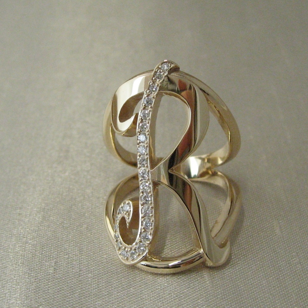   Yellow Gold Initial R Ring with Diamonds.  