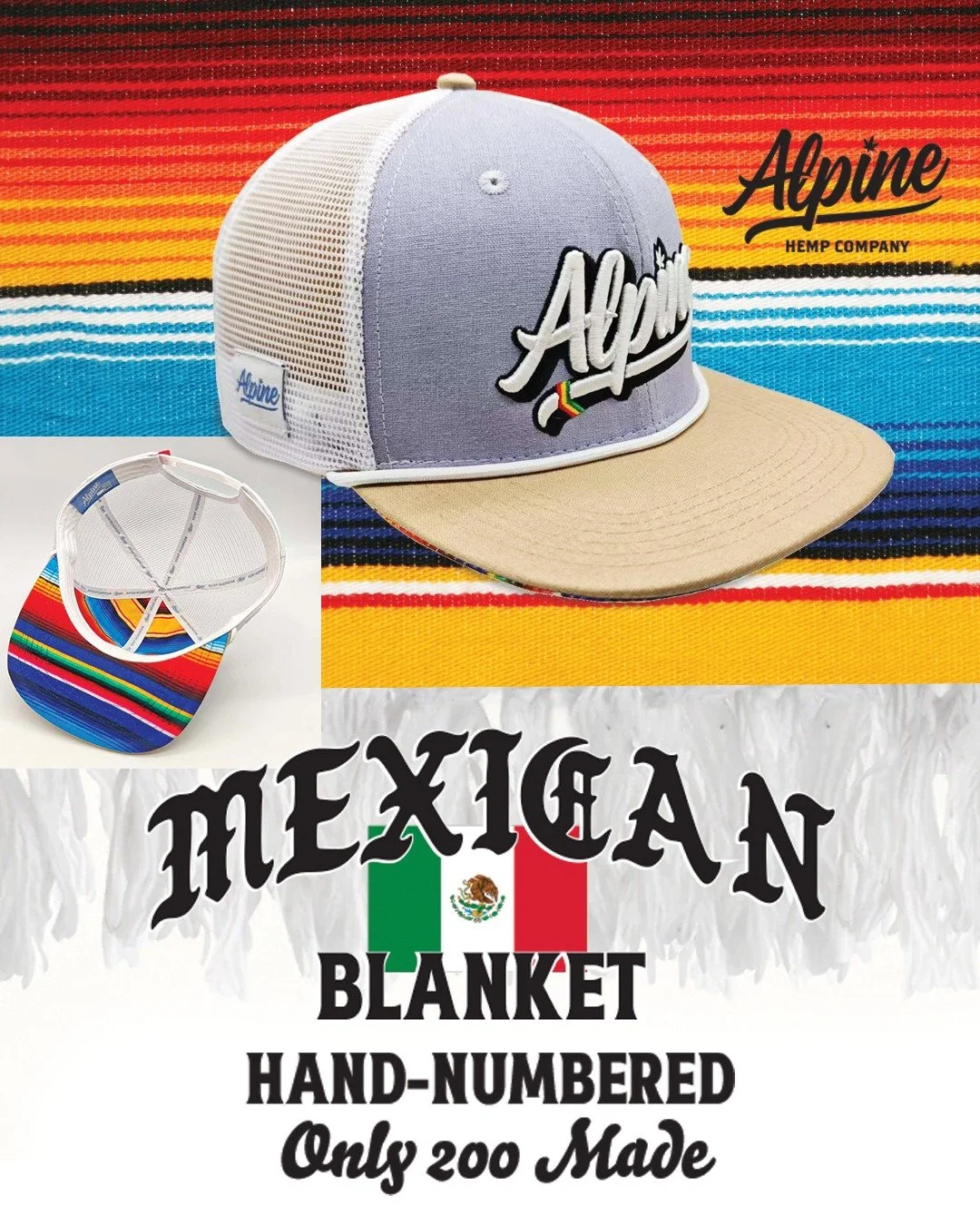 &iexcl;Say HOLA to your new favorite snapback! 🇲🇽
Handcrafted from premium hemp, this mesh-back beauty brings the heat with:

✨ Mexican blanket print under the bill + Front 2 Panels.
🔥 Side joint caddy for on-the-go fiestas
🔒 X Large Interior sta