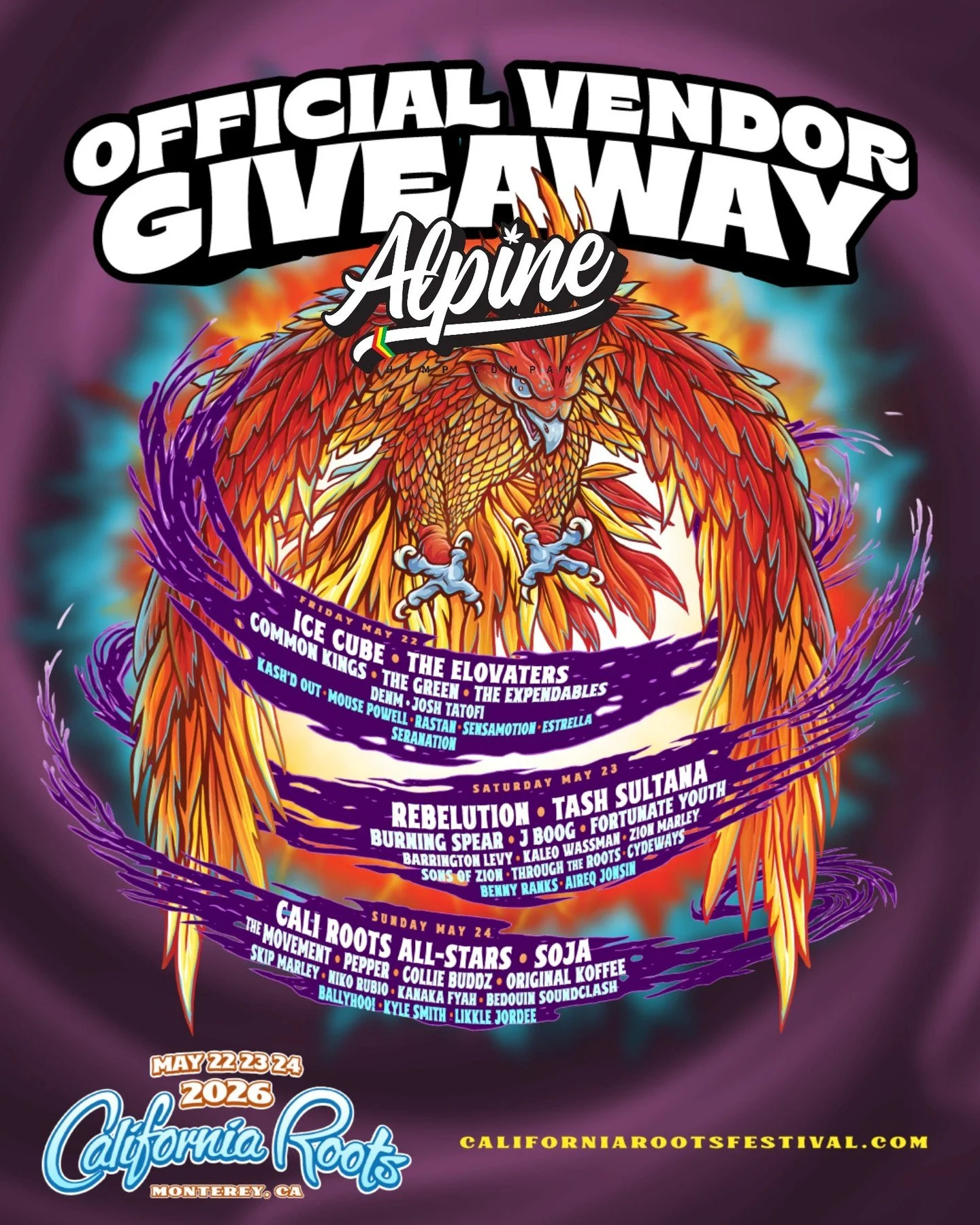 🚨Attention Alpine Fam!!! 🚨

#CALIROOTS2026 GIVEAWAY!
We&rsquo;re heading to the California Roots Music &amp; Arts Festival May 22&ndash;24, 2026, in Monterey, CA. 

🎫 🎫 We&rsquo;re giving one lucky fan 2 three-day passes! 😀

TO ENTER:
✅one: LIKE