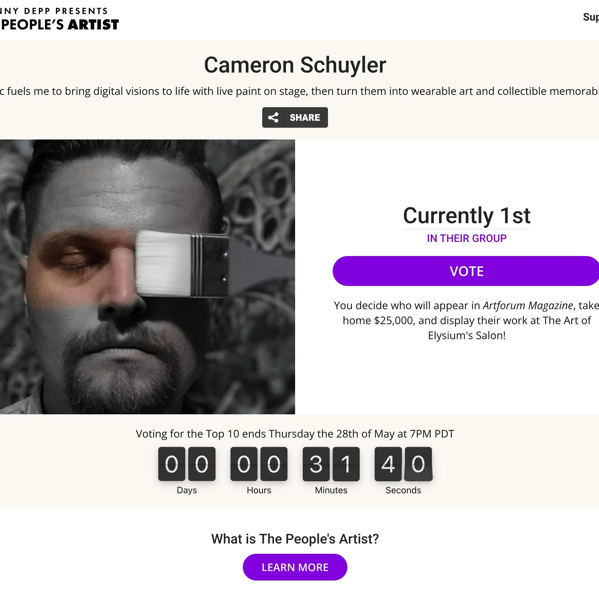 Vote NOW!!!!!!

https://peoplesartist.org/2026/cameron-schuyler?fbclid=IwY2xjawSFxSFleHRuA2FlbQIxMQBzcnRjBmFwcF9pZBAyMjIwMzkxNzg4MjAwODkyAAEeDOuA2ZHelfSvYvuzJDRSgLa8ieXDQXvxxh5CCua6Gj9gEk2pP2_Tscwa-I8_aem_f4-vVa4KamgKblUGc5r-FA