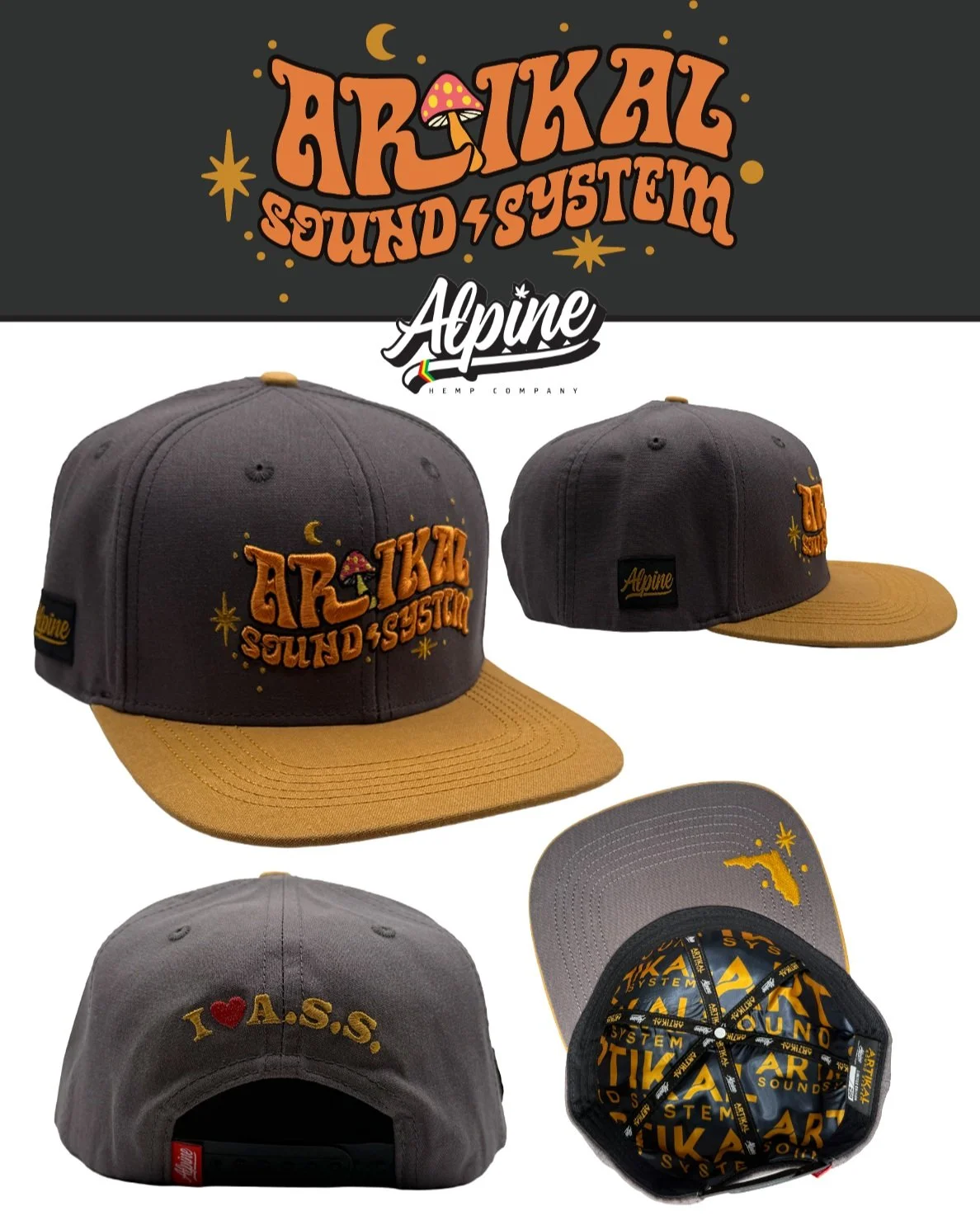 Whew what a weekend! It 'aint over yet. 
Today at 4:20 PM MST, the next drop is with

🍄 @artikalsoundsystem 🍄
90% Hemp Snapback
Interior sublimation
Hand Numbered 
Limited Edition 250
Back Embroidery I Heart A.S.S
Alpine Joint Caddy
Underbill Flori