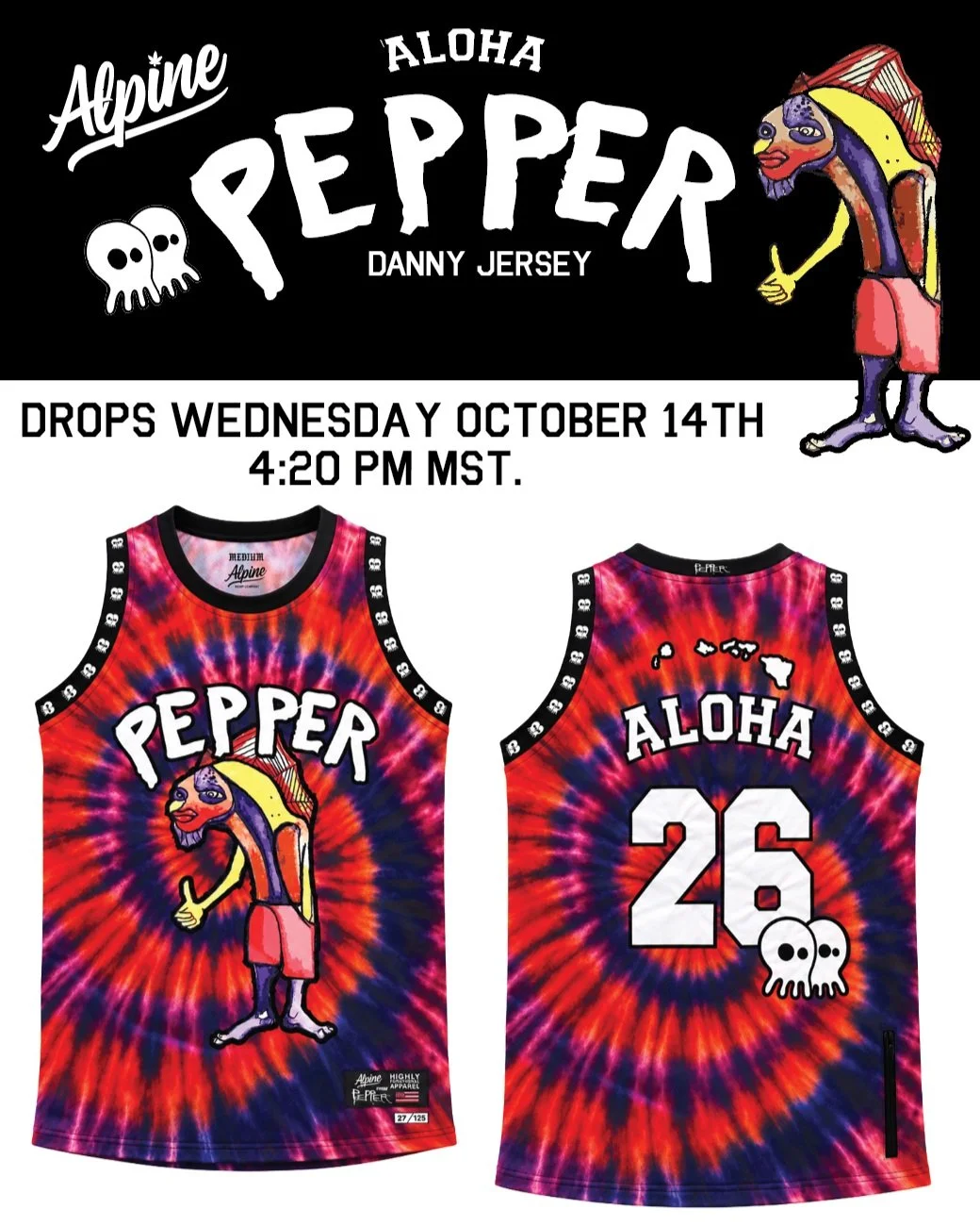 Dropping 10.14.26🐠 4:20 PM MST.
Collab "Danny" jersey with our friends @pepperlive 

&bull; LE 125 individually numbered. 
&bull; Satin and embroidered accents. 
&bull; Skullconut printed trim 
&bull; Tie-dye sublimation print.

#pepperoha